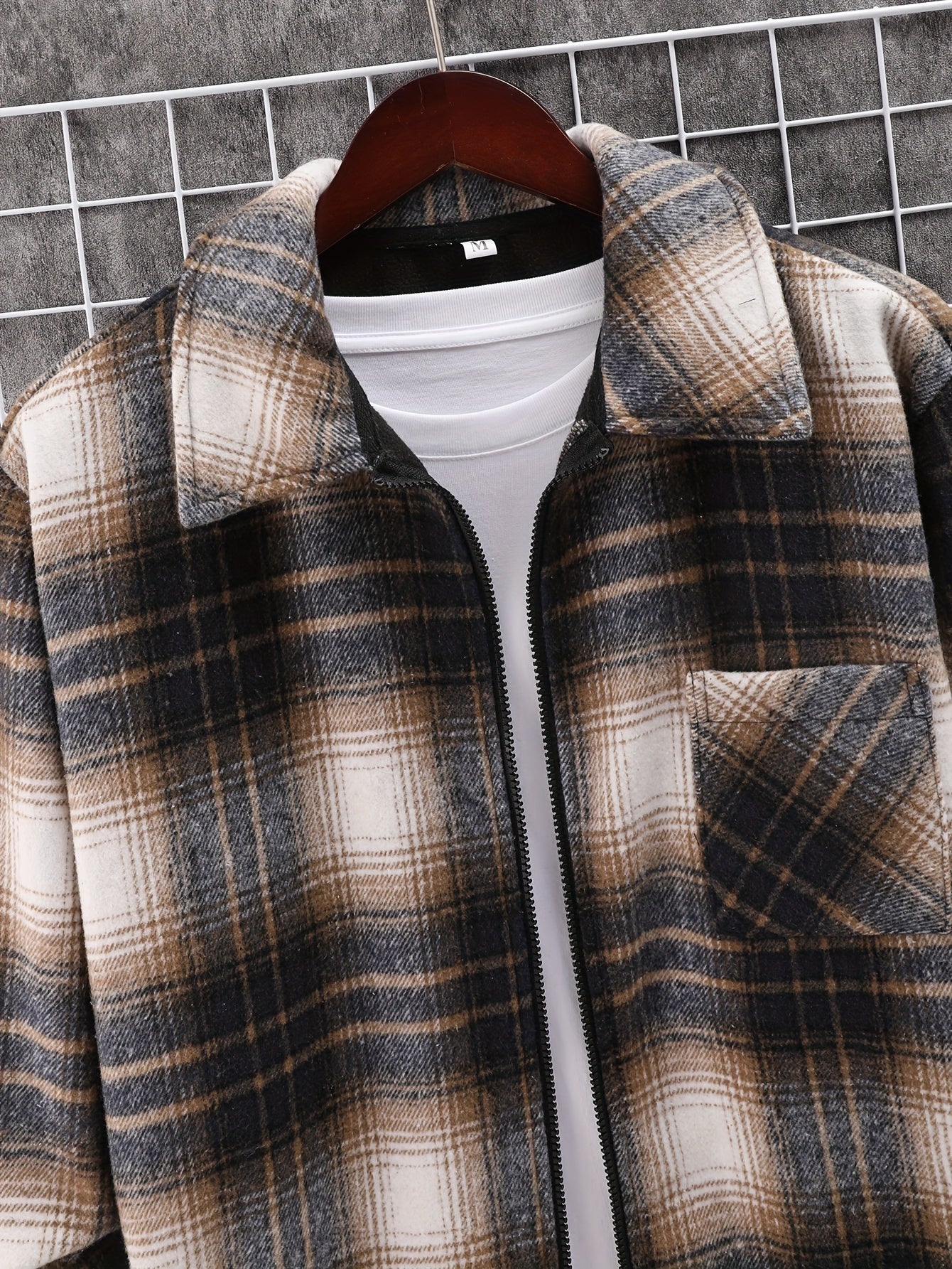 gbolsos Men's Plaid Retro Jacket, Casual Lapel Chest Pocket Shirt Jacket For Fall Winter