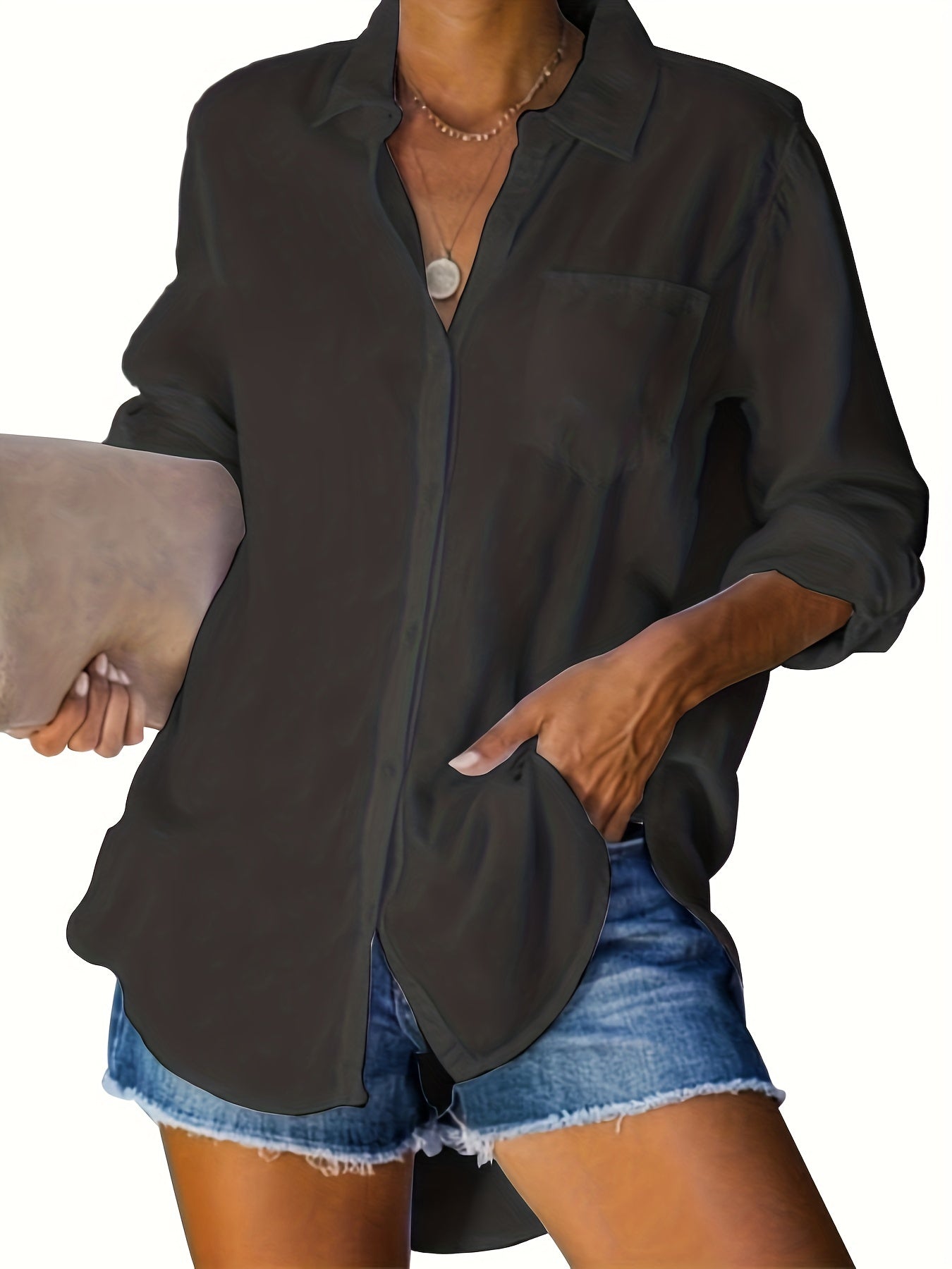 gbolsos Plus Size Basic Blouse, Women's Plus Plain Long Sleeve Turn Down Collar Button Up Shirt