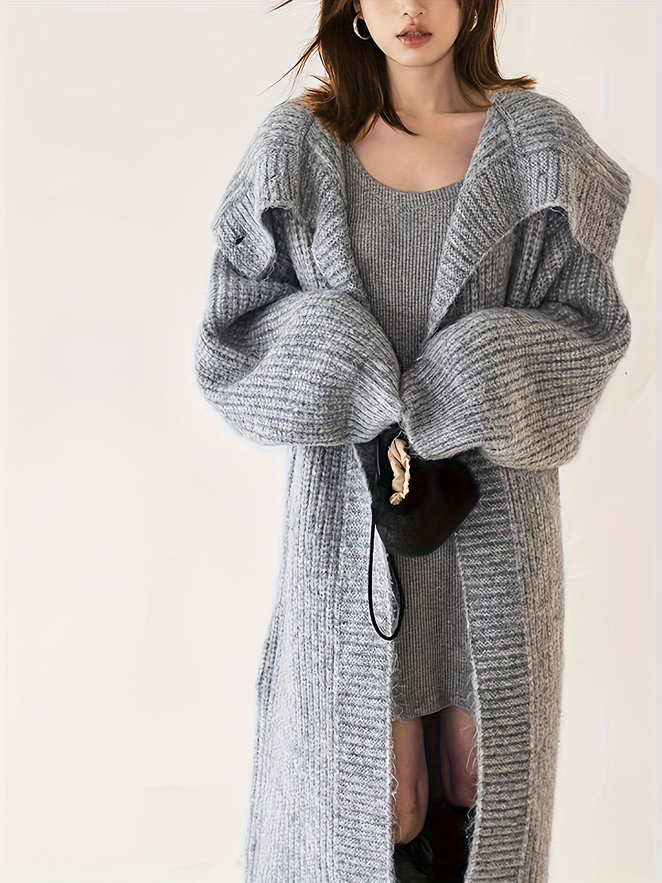 gbolsos Solid Open Front Sweater Cardigan, Casual Long Sleeve Cardigan For Fall & Winter, Women's Clothing