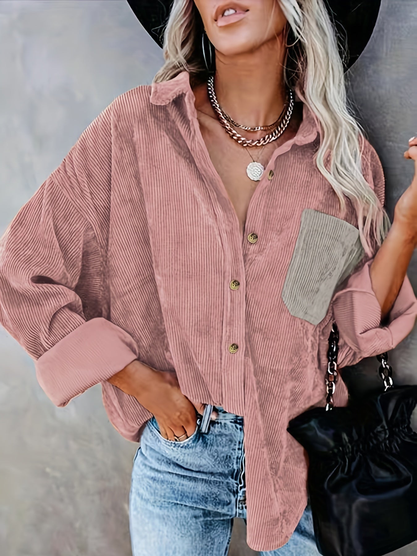 gbolsos Button Front Solid Shirt, Vintage Long Sleeve Collar Shirt, Women's Clothing