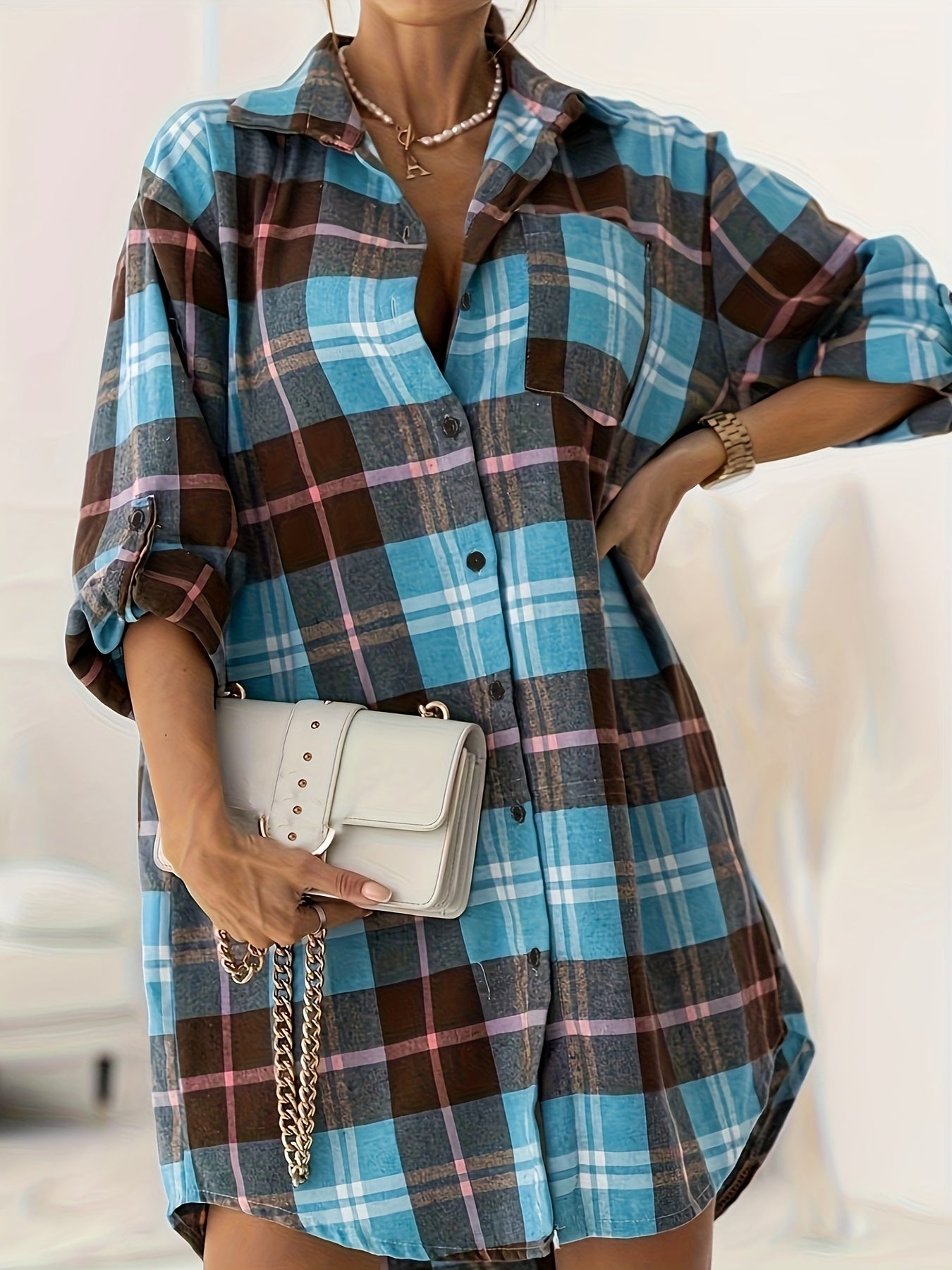 gbolsos Plus Size Casual Fall Oversized Shirt, Women's Plus Plaid Print Button Front Lapel Collar Long Shirt