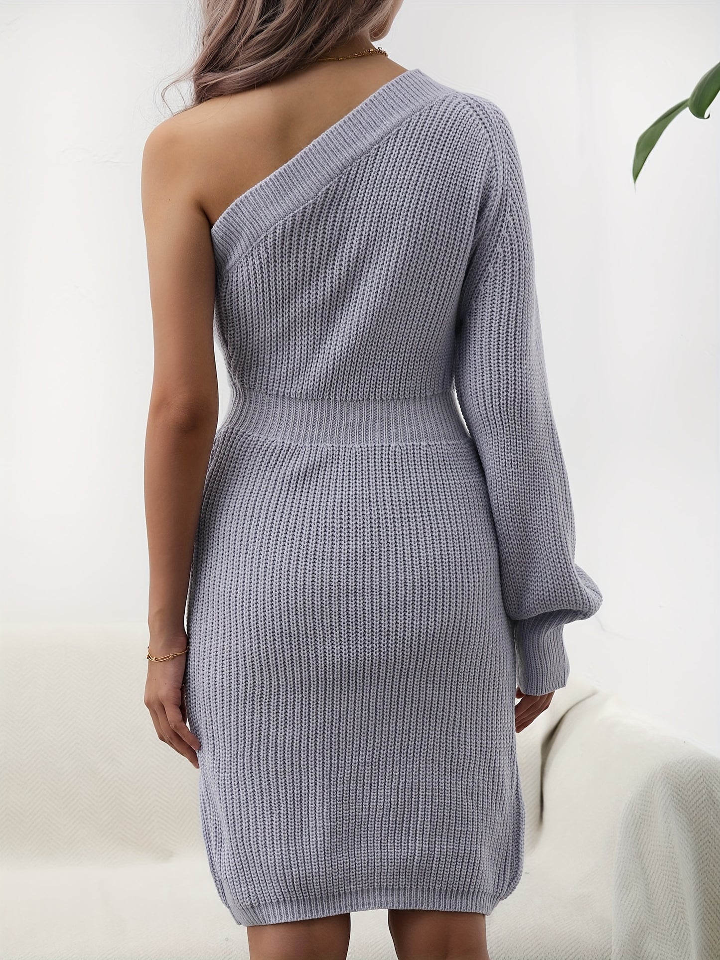 gbolsos Solid One-shoulder Knit Dress, Elegant Long Sleeve Skew Neck Cinched Waist Dressl, Women's Clothing