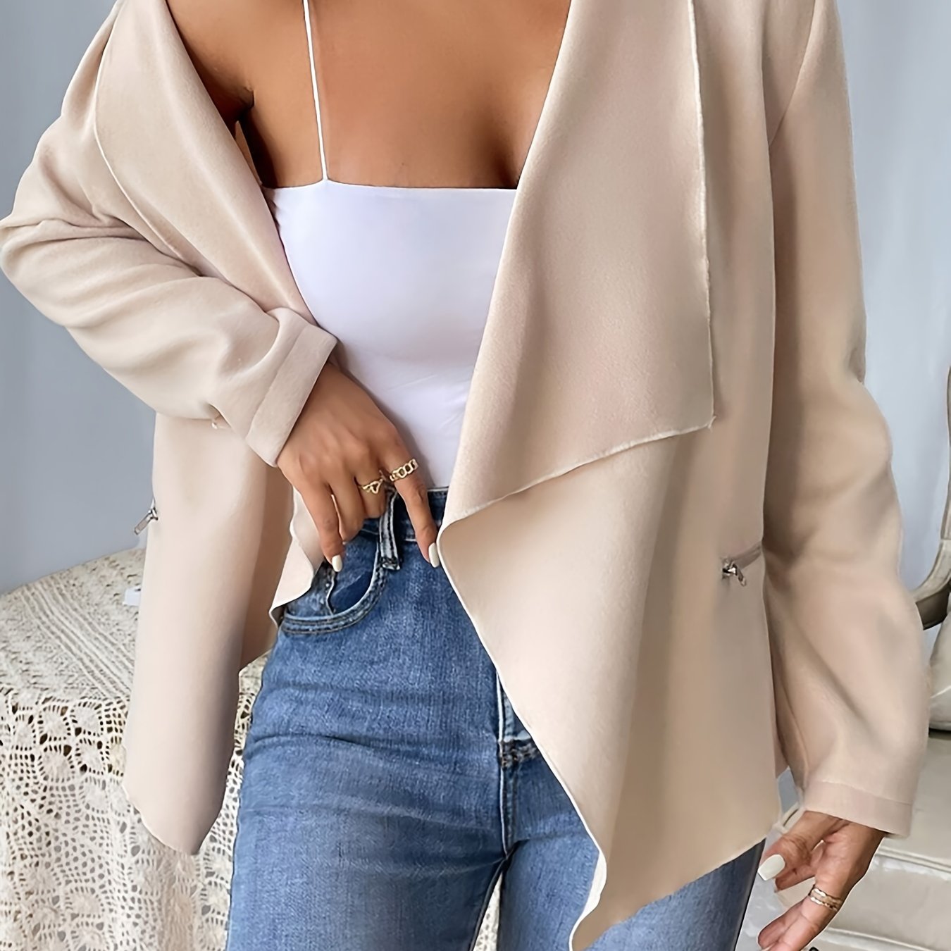 gbolsos Waterfall Collar Solid Jacket, Elegant Solid Long Sleeve Outerwear, Women's Clothing