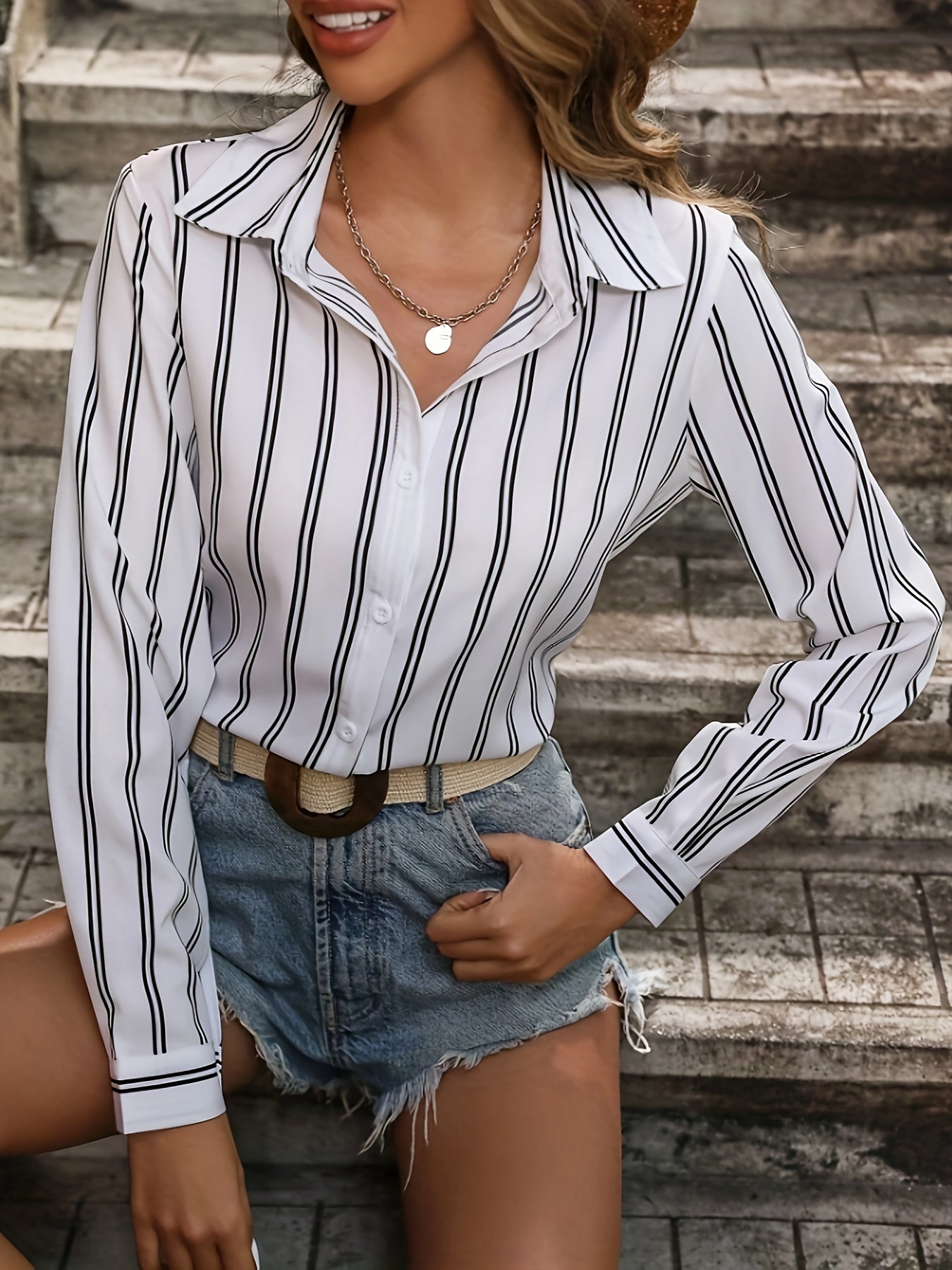 Striped Print Button Front Shirt, Casual Cuff Sleeve Shirt For Spring & Fall, Women's Clothing