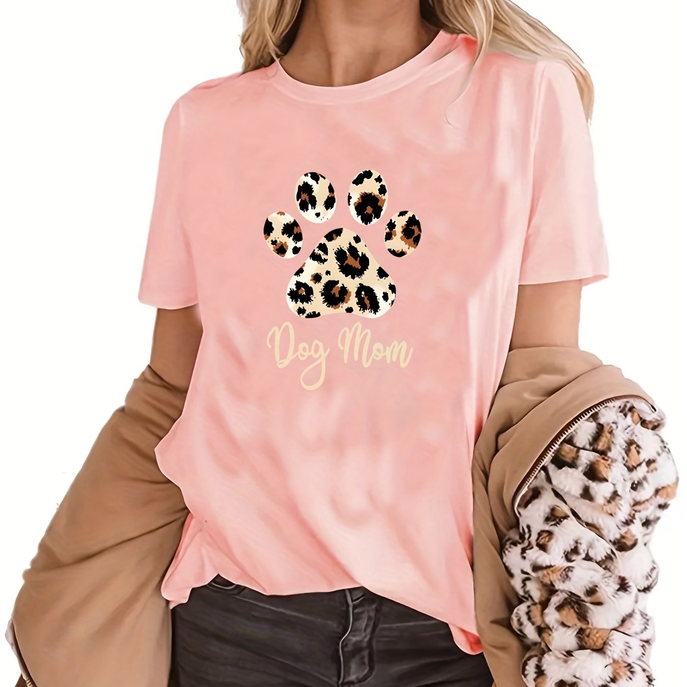gbolsos Women Funny Leopard Print Dog Mama Graphic Tee, Summer Casual Crew Neck T-shirt, Women's Clothing