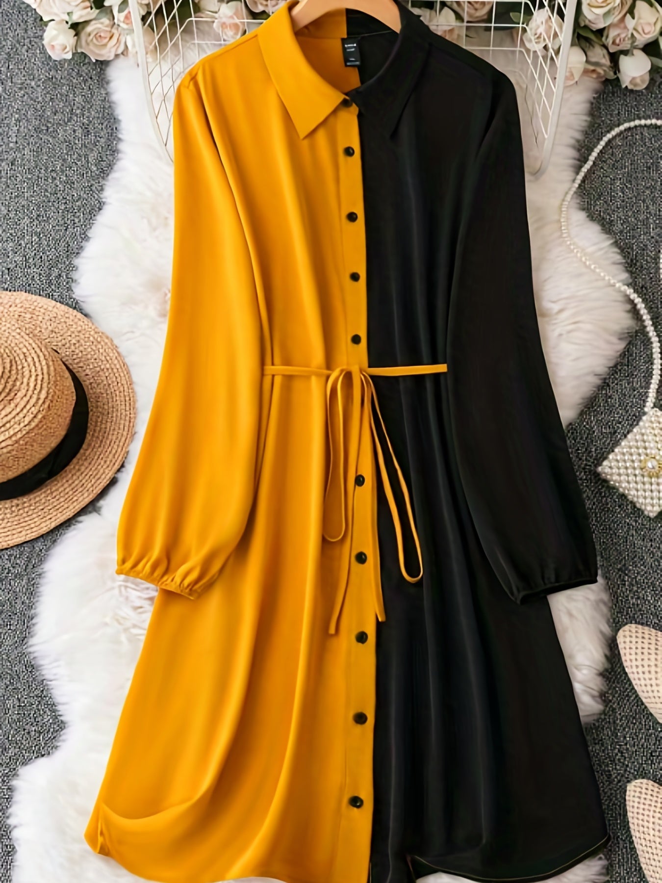 gbolsos Color Block Button Front Shirt Dress, Casual Tie-waist Lantern Sleeve Lapel Dress For Spring & Fall, Women's Clothing