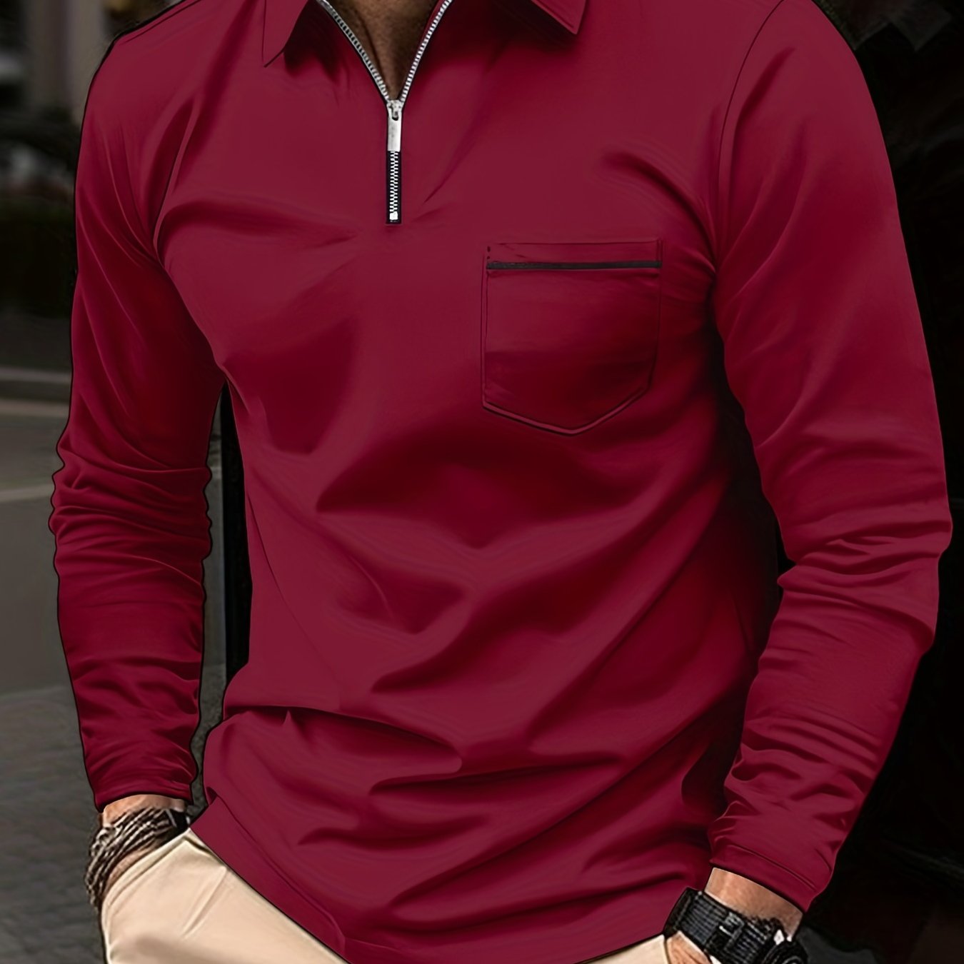 gbolsos Casual Solid Men's Long Sleeve Zipper Polo Shirt With Chest Pocket, Spring Fall Outdoor