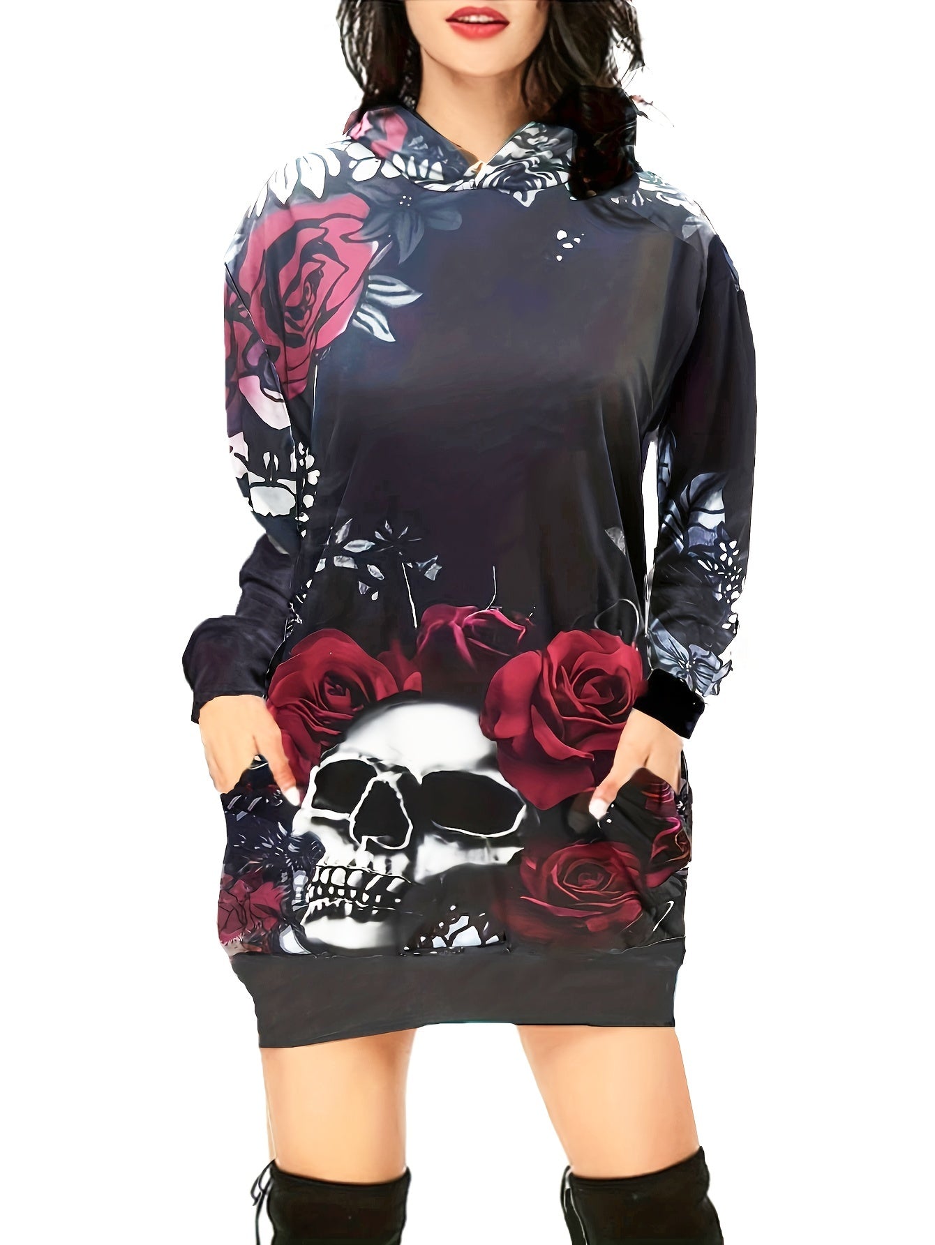 gbolsos Skull & Flower Print Dress, Gothic Hooded Long Sleeve Mini Dress With Pockets, Women's Clothing