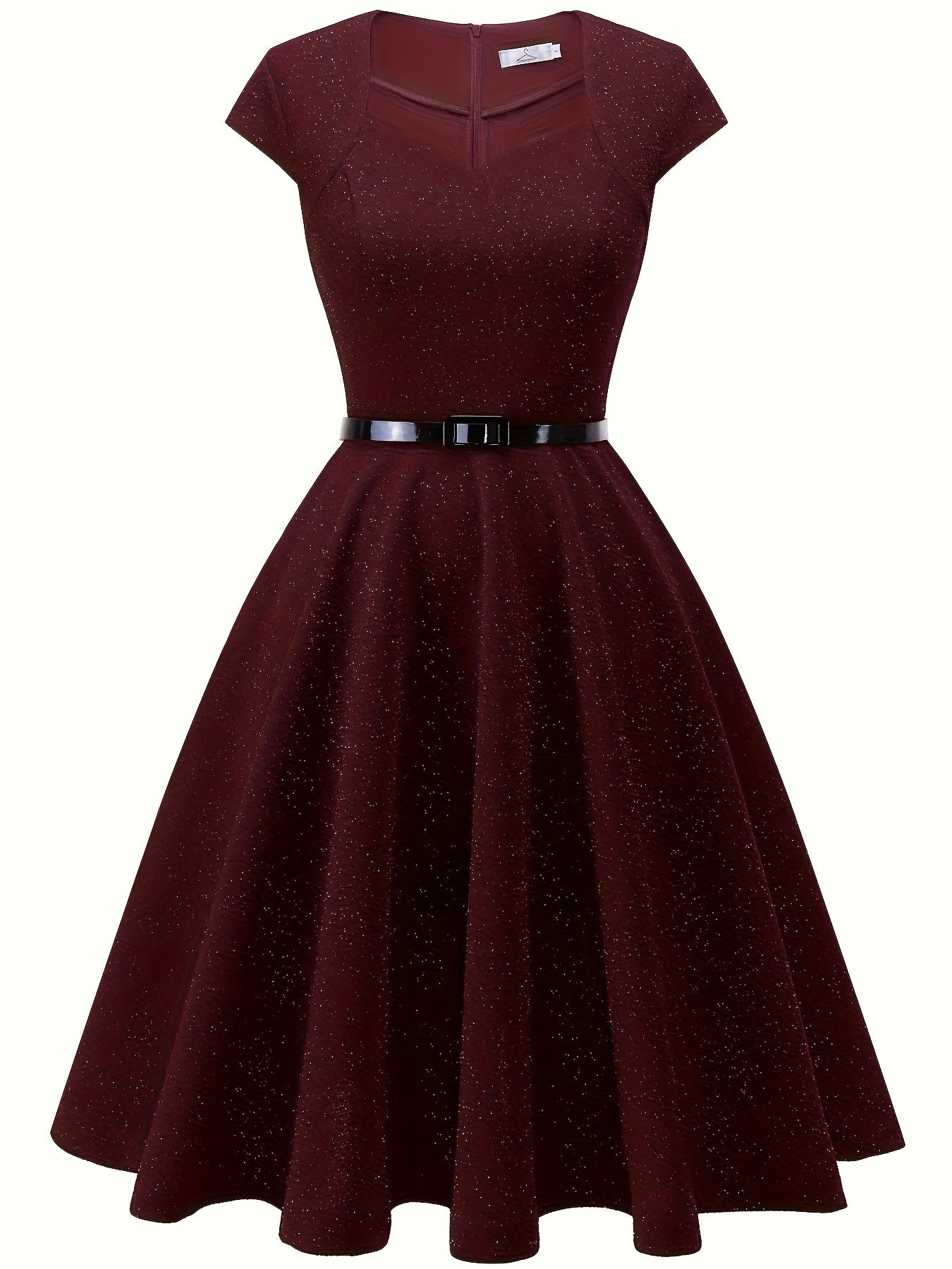 gbolsos Solid Color Cap Sleeve Dress, Vintage V Neck A-line Flare Dress, Women's Clothing