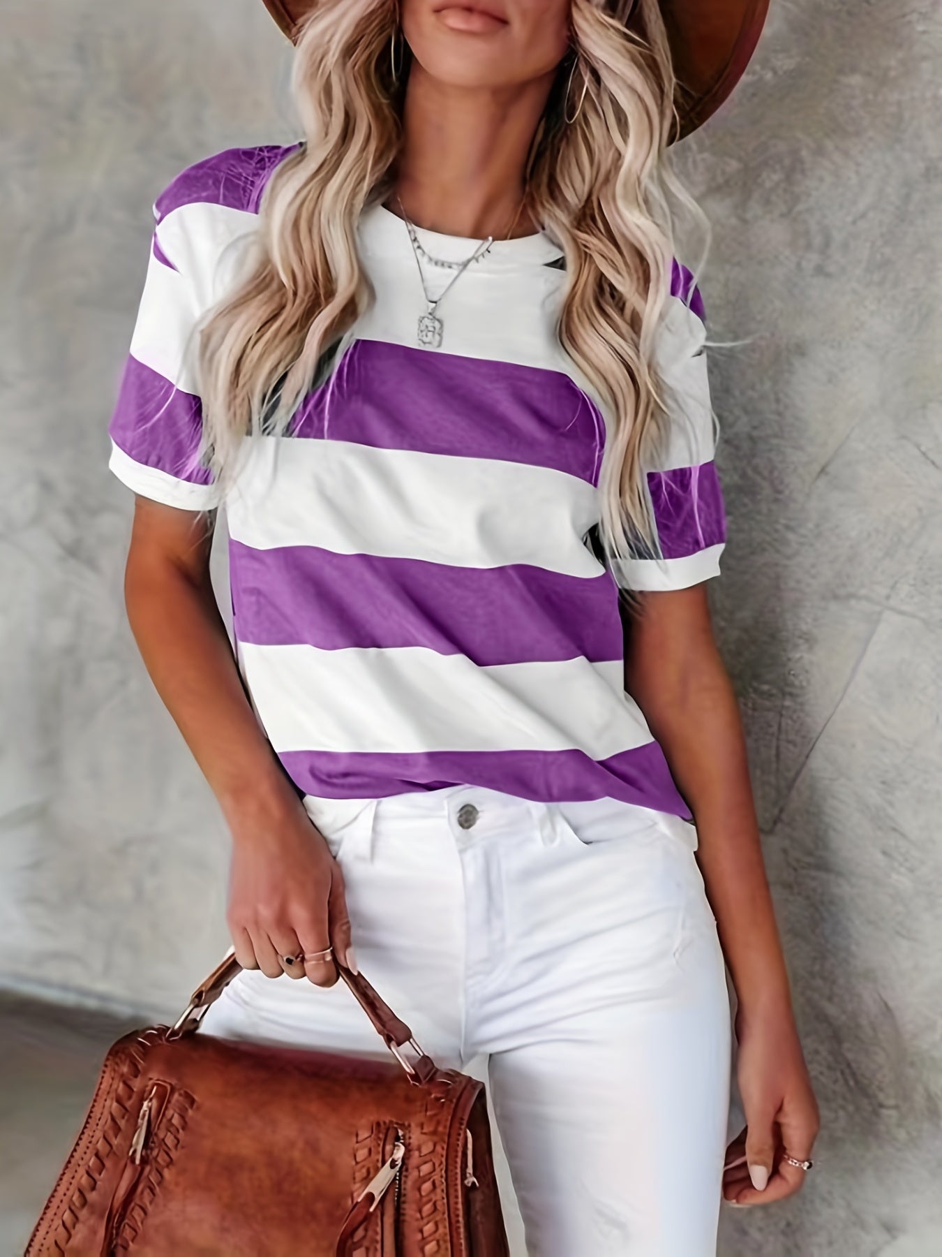 gbolsos Short Sleeve Striped T-Shirt, Crew Neck Casual Top For Summer & Spring, Women's Clothing
