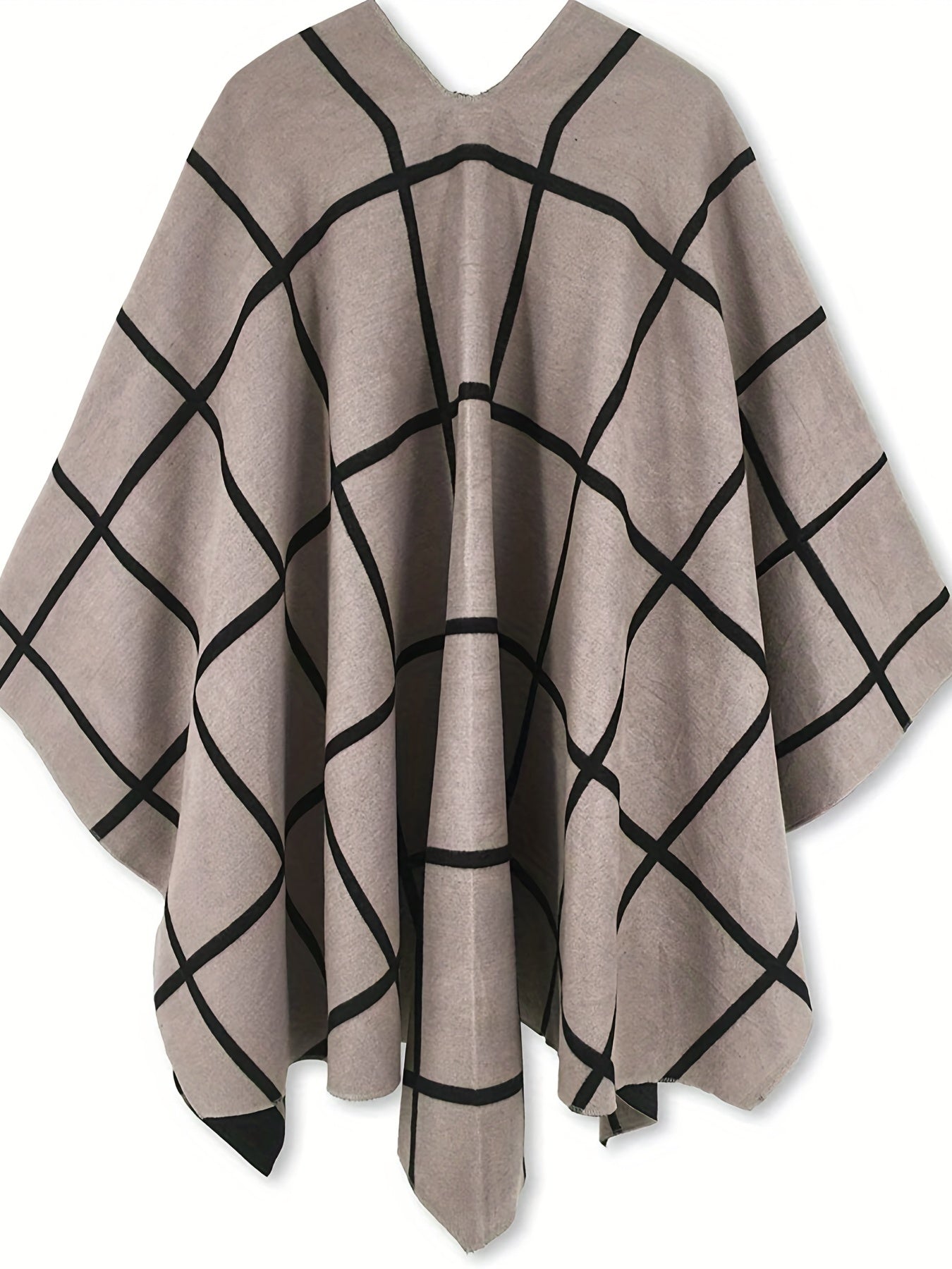 Plus Size Elegant Coat, Women's Plus Grid Print Batwing Sleeve Open Front Shawl Cape Coat