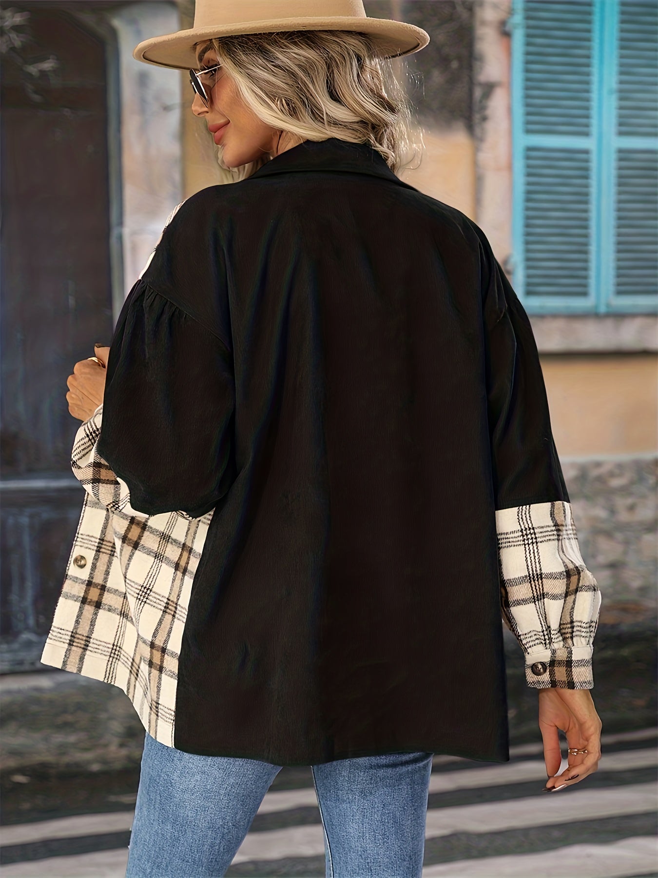 Plaid Pattern Splicing Jacket, Casual Button Front Long Sleeve Outerwear, Women's Clothing