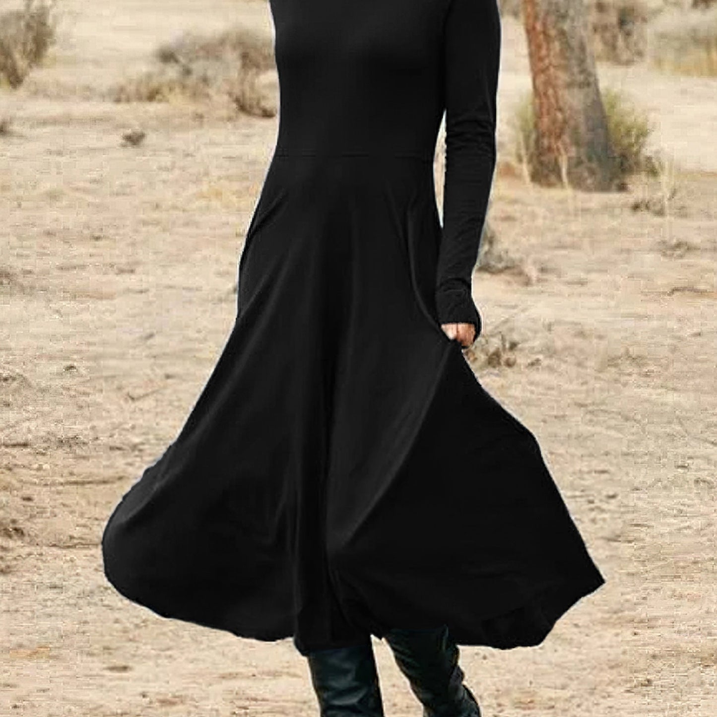 gbolsos High Neck Solid Midi Dress, Elegant Long Sleeve Daily Dress, Women's Clothing