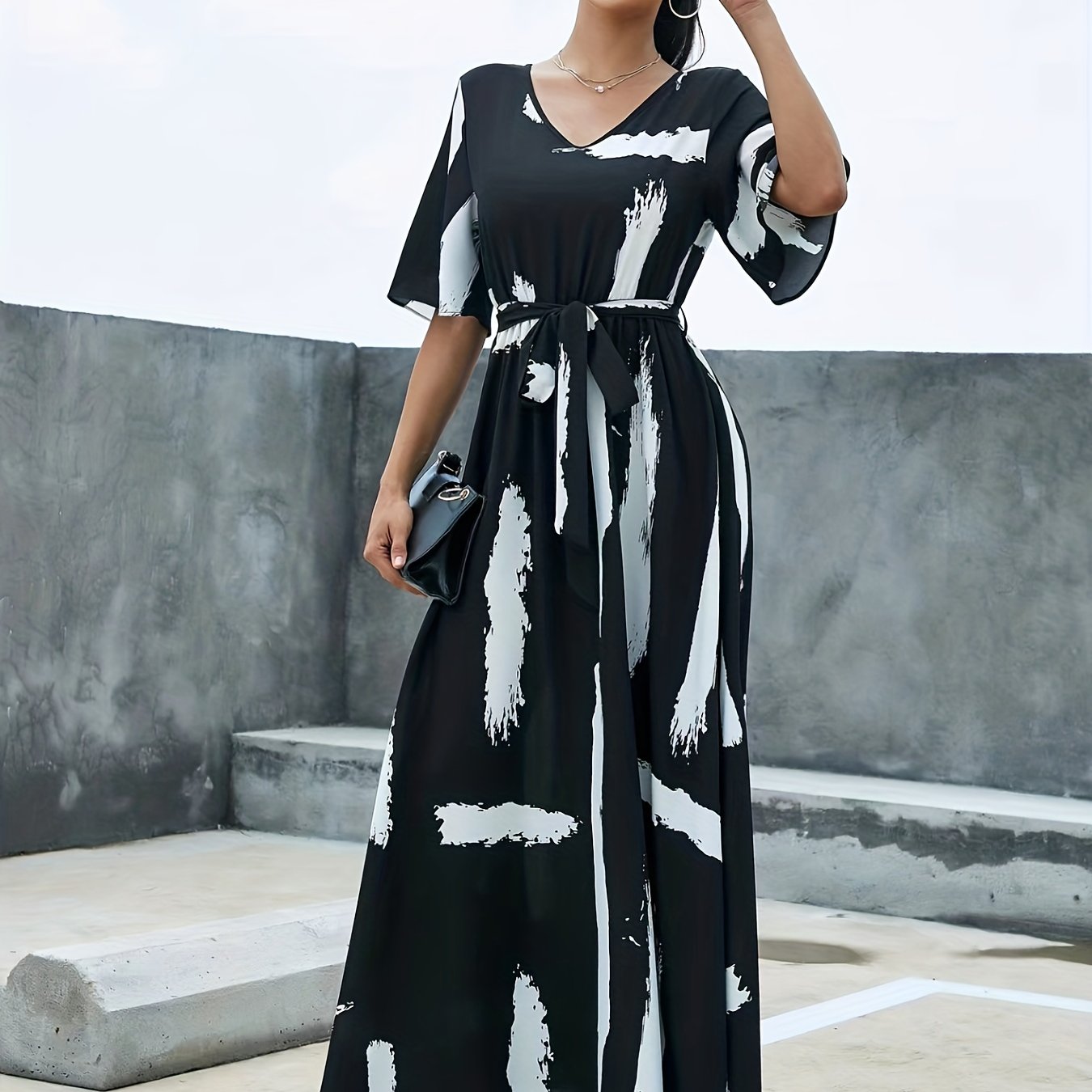 gbolsos Flutter Sleeve Belted Maxi Dress, Casual Dress For Spring & Summer, Women's Clothing