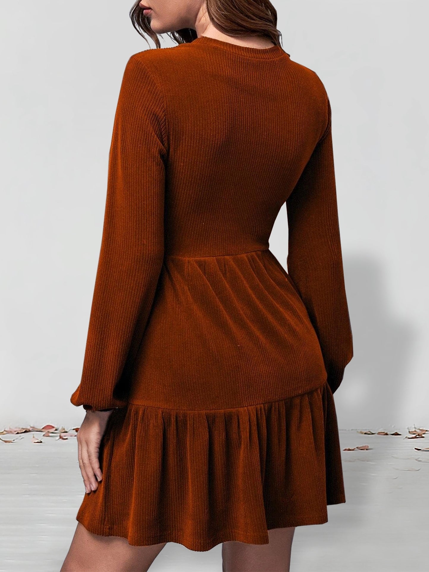 Solid Tiered Dress, Casual Crew Neck Long Sleeve Dress, Women's Clothing
