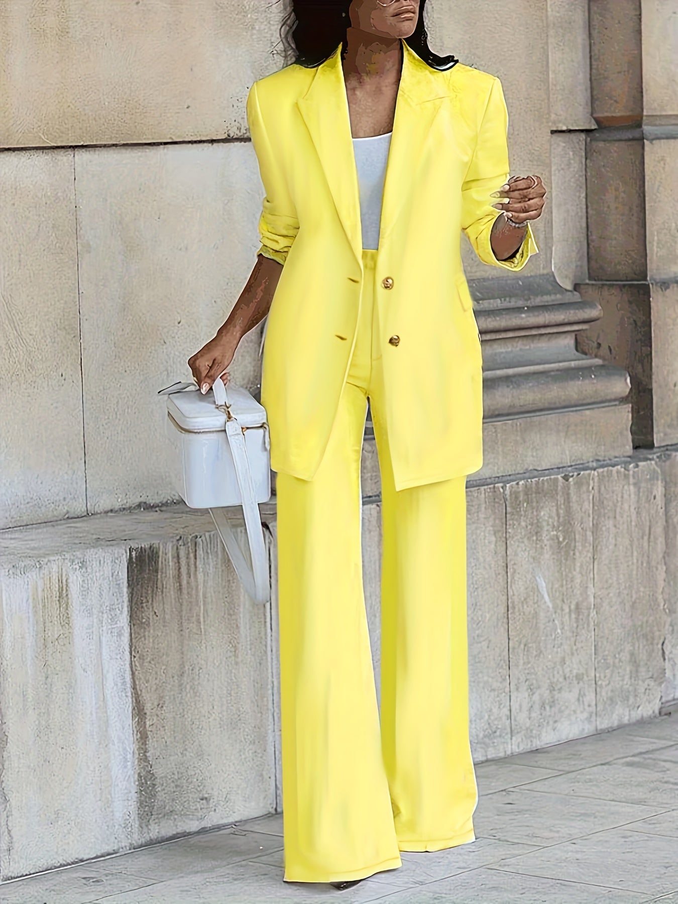 gbolsos Solid Casual Two-piece Set, Single Breasted Long Sleeve Blazer & Wide Leg Pants Outfits, Women's Clothing
