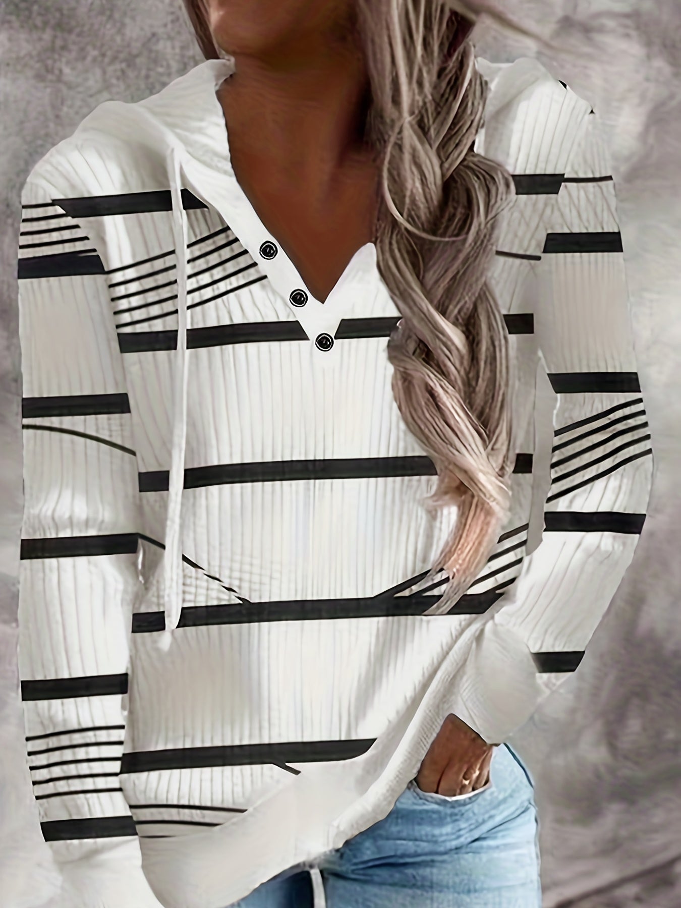 gbolsos Stripe Print Drawstring Hoodie, Casual Button Front Long Sleeve Hoodies, Women's Clothing