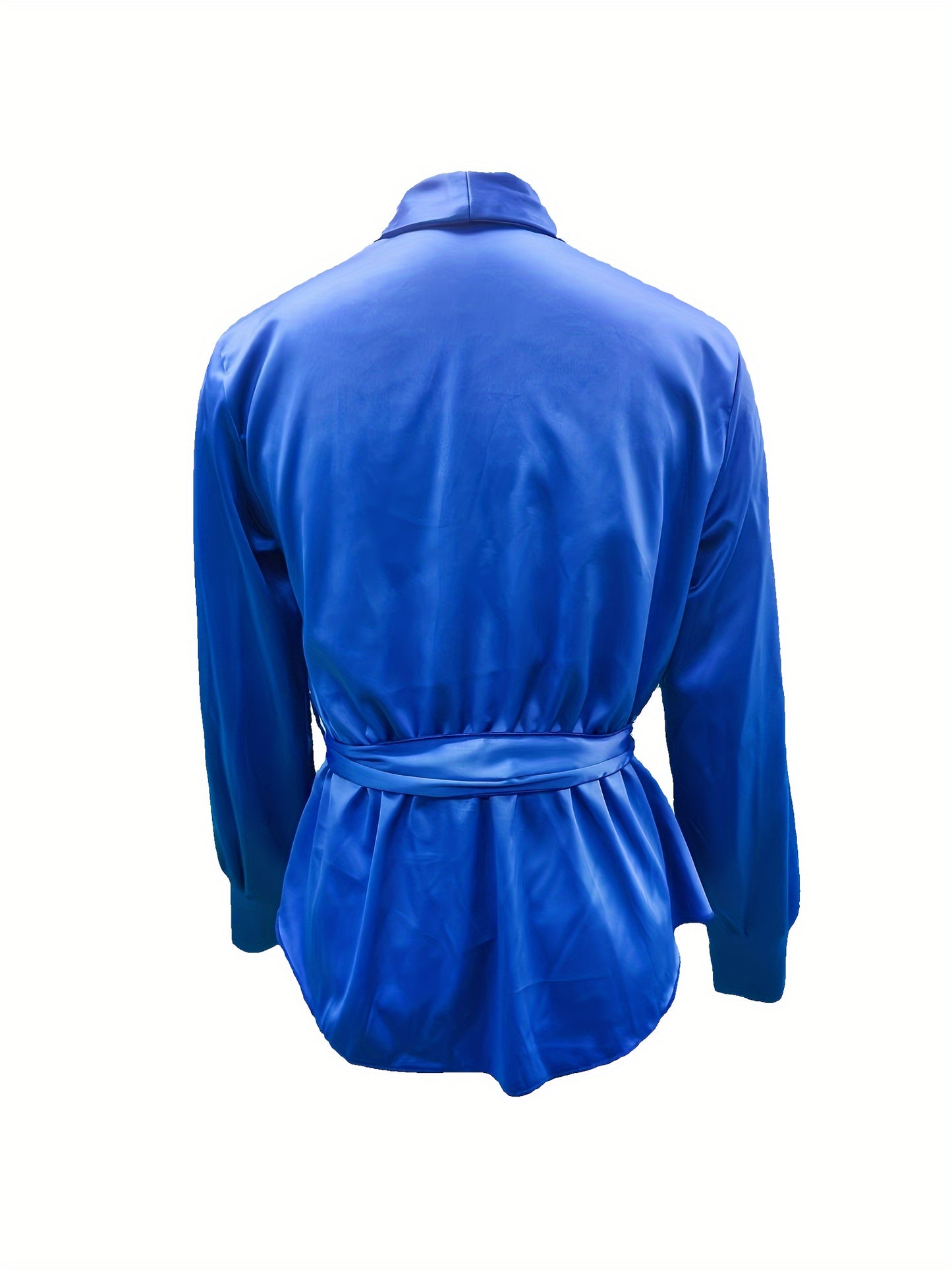 gbolsos Solid Ruched Belted Blouse, Casual Irregular Hem Long Sleeve Blouse For Spring & Fall, Women's Clothing