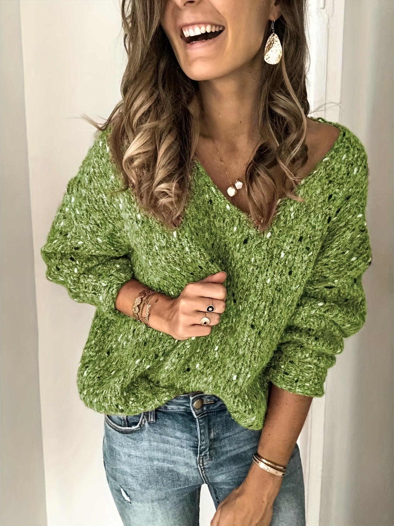 gbolsos Long Sleeve Drop Shoulder Sweater, Loose Casual Sweater, Women's Clothing