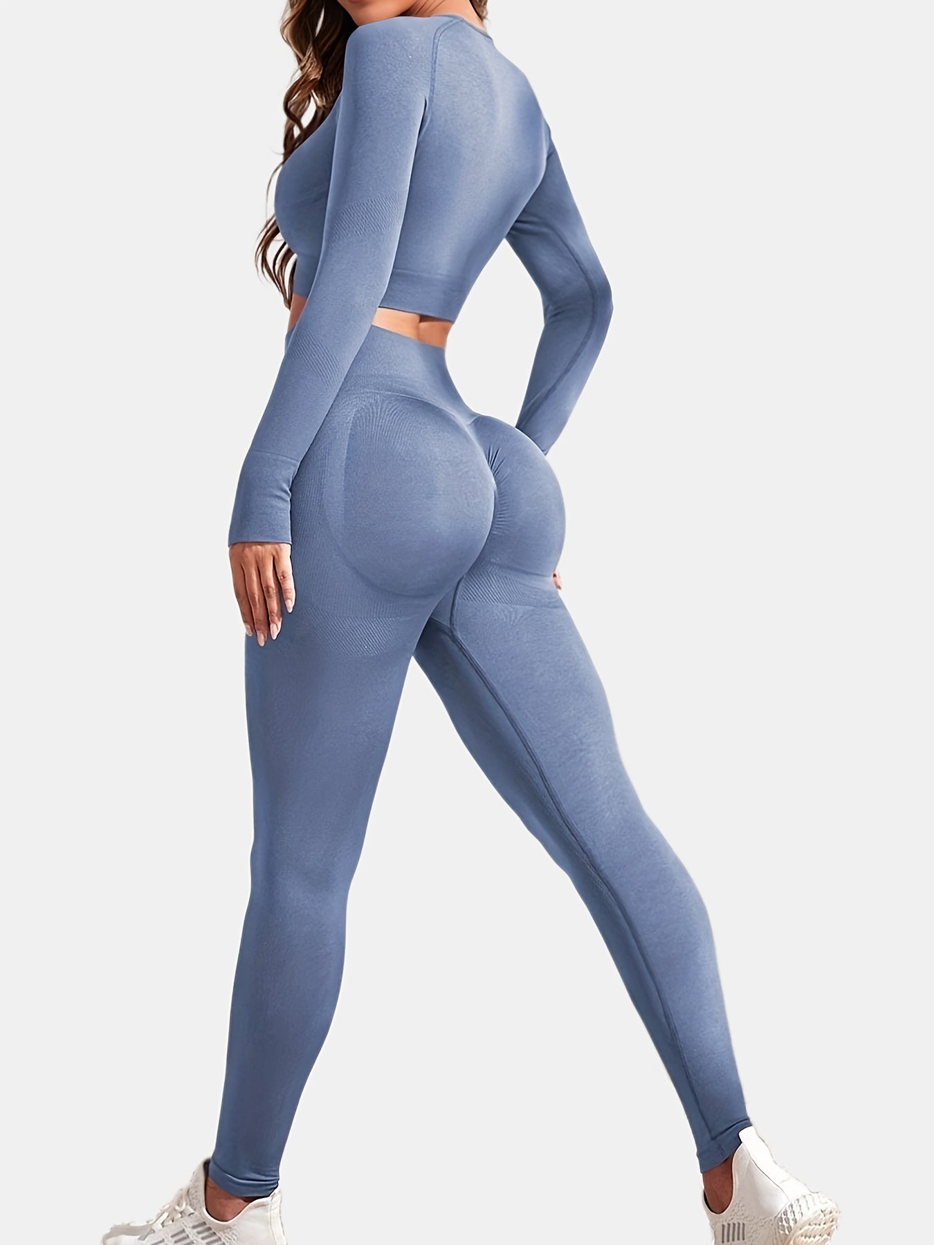 gbolsos Women's Yoga Sports Suits, Seamless Stretchy Fitness Suits, Long Sleeve Thumb Hole Cropped Top & Slimming Leggings, Women's Activewear