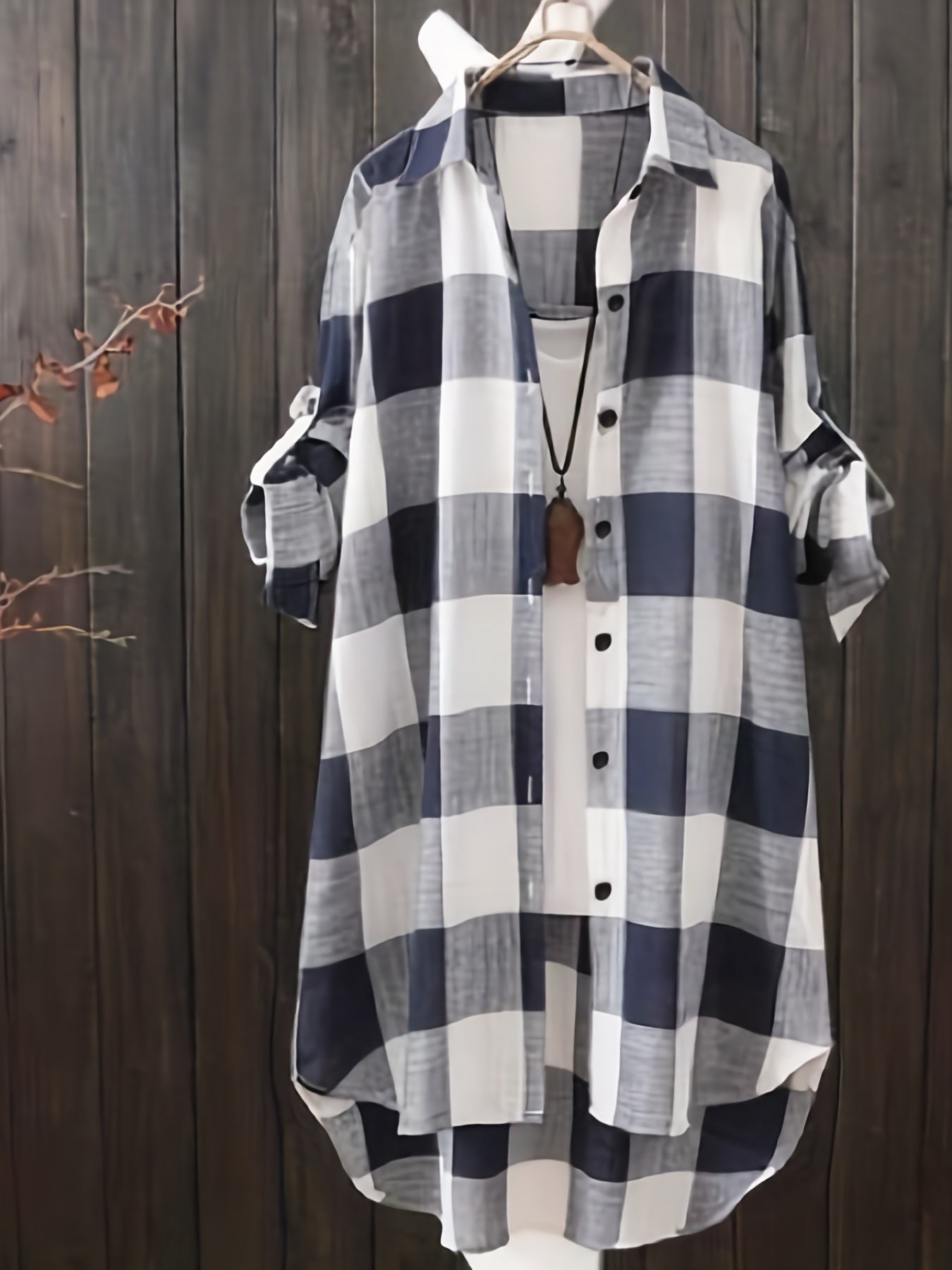 Plaid Print Dipped Hem Shirt, Casual Mid Length Button Front Turn Down Collar Long Sleeve Shirt, Women's Clothing