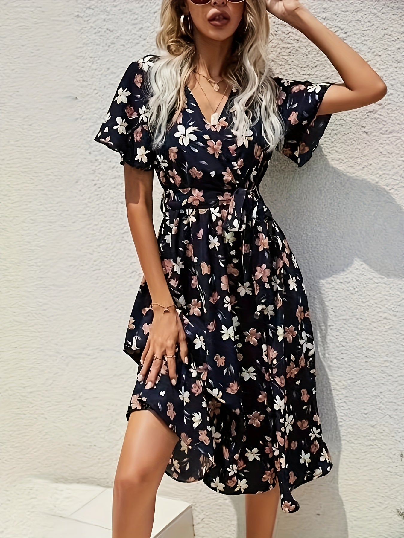 gbolsos Floral Print V Neck Dress, Boho Short Sleeve Midi Dress, Women's Clothing