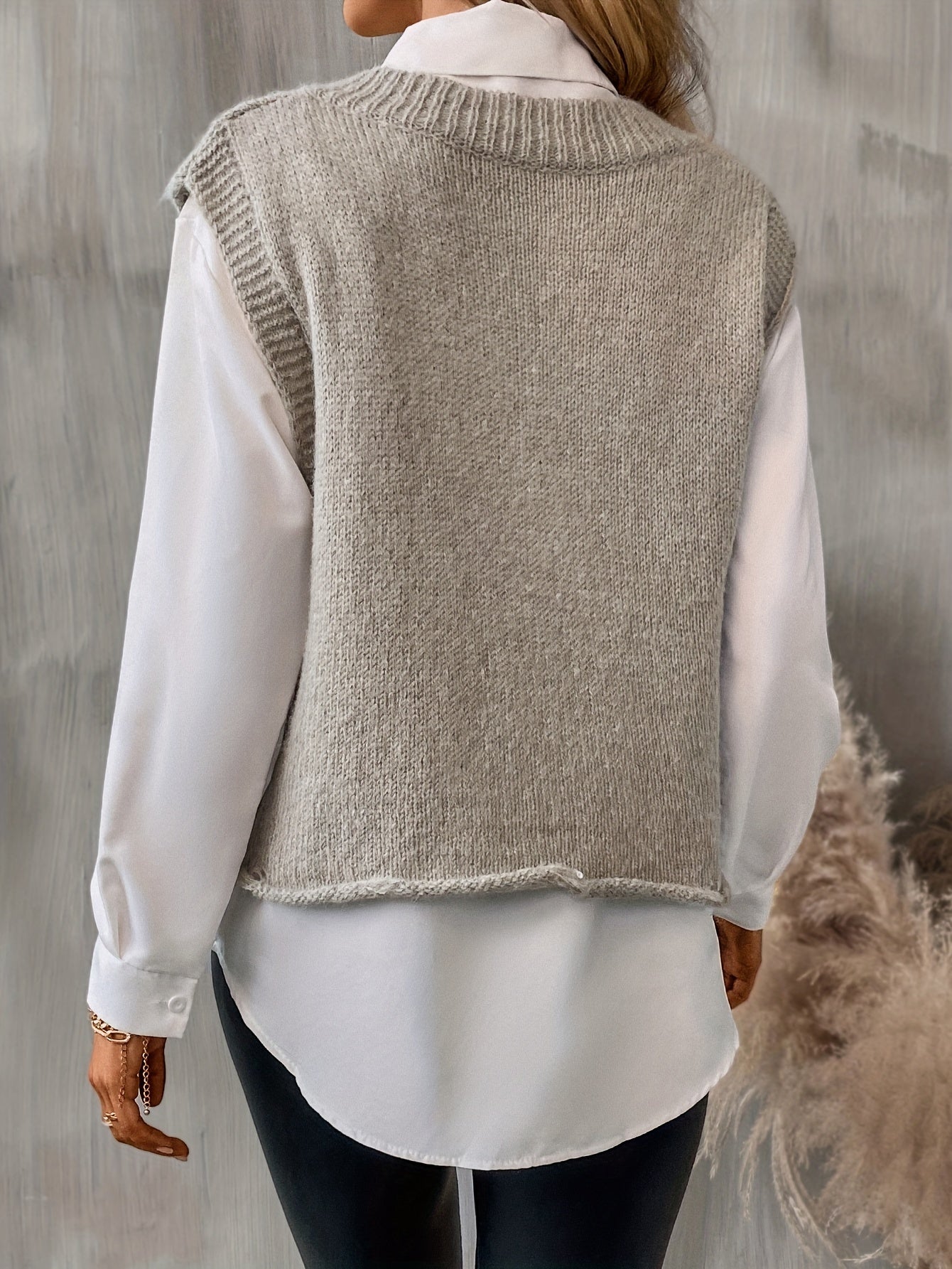 gbolsos Solid Color V Neck Pullover Sweater, Sleeveless Knitted Tank Top For Spring & Fall, Women's Clothing