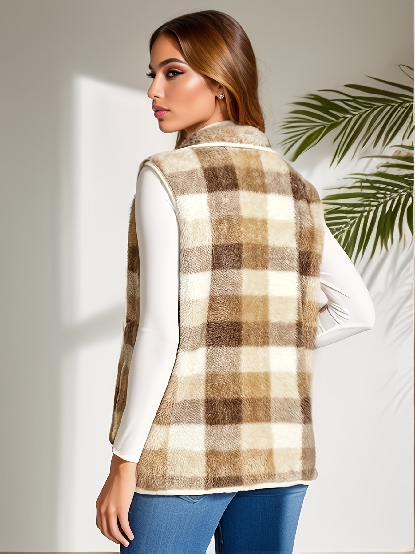 gbolsos Plaid Pattern Zip Up Vest, Casual Sleeveless Versatile Vest, Women's Clothing