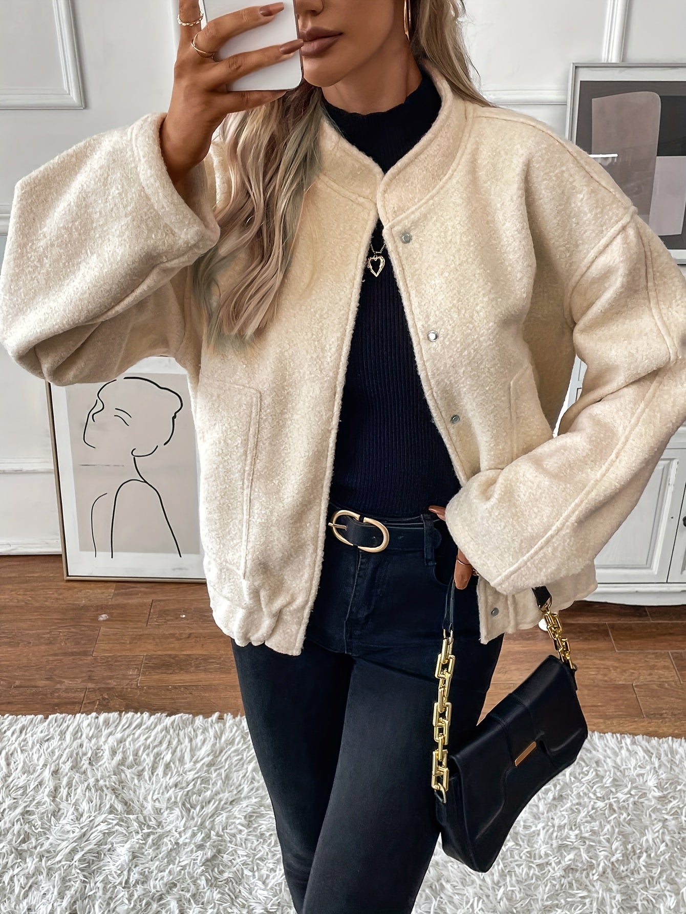 gbolsos Button Front Top-stitching Jacket, Casual Long Sleeve Slant Pockets Jacket For Fall & Winter, Women's Clothing