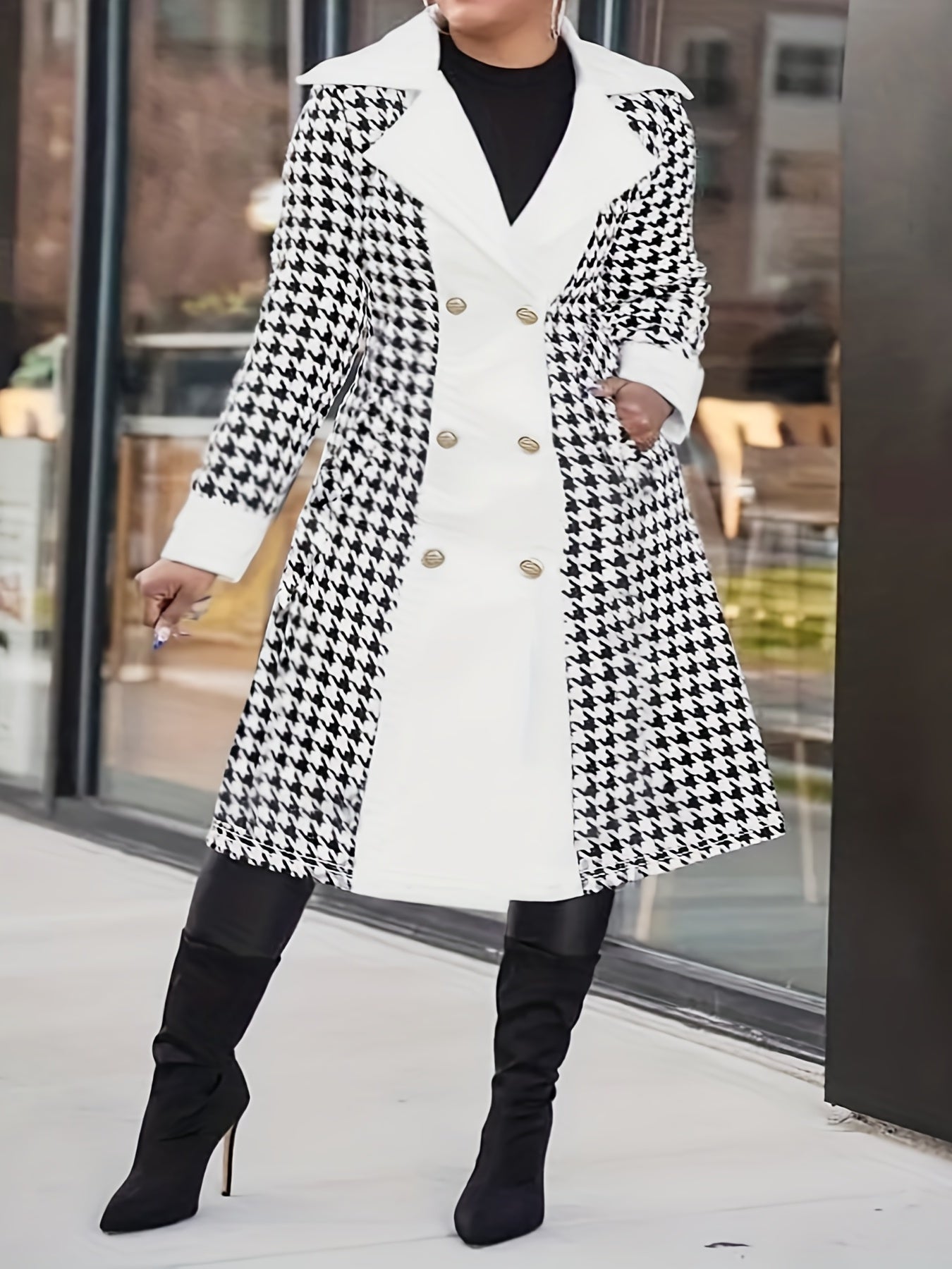 solvbao Plus Size Casual Coat, Women's Plus Colorblock Houndstooth Print Double Button Long Sleeve Lapel Collar Belted Overcoat