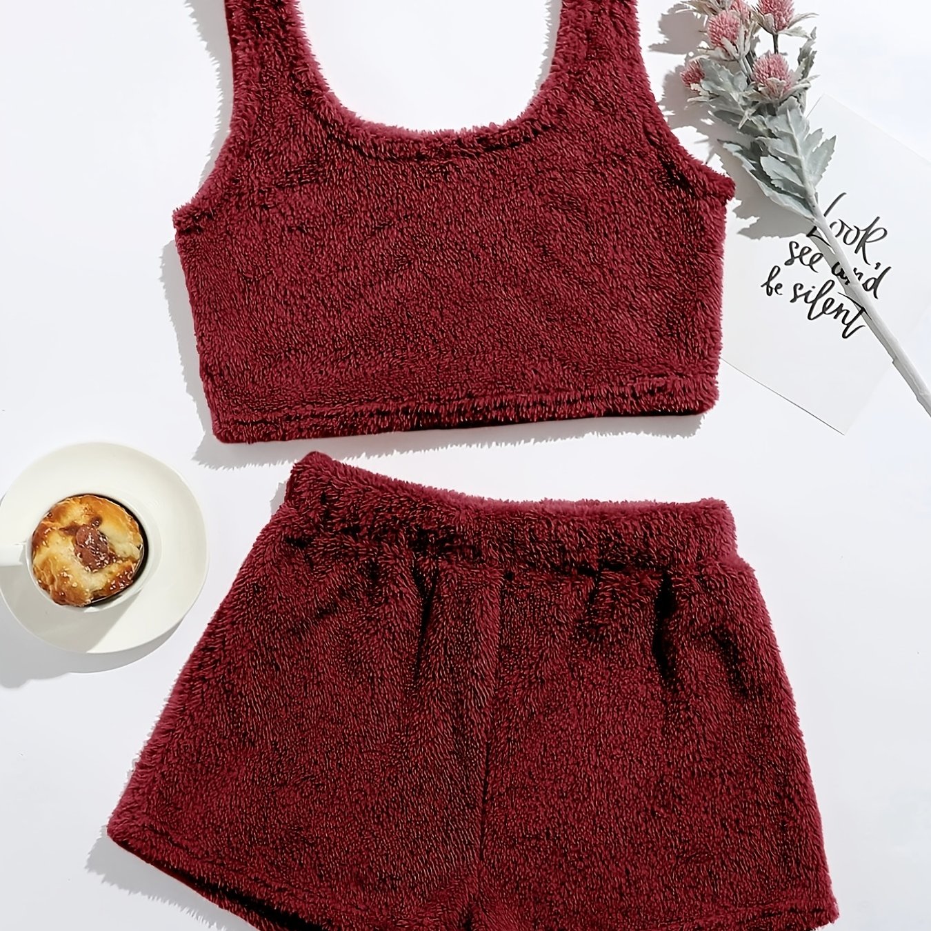 Fluffy Comfortable Pajamas Set, Crop Tank Sleeveless Top & Comfortable Shorts Loungewear Set For Valentine's Gifts, Women's Loungewear & Sleepwear