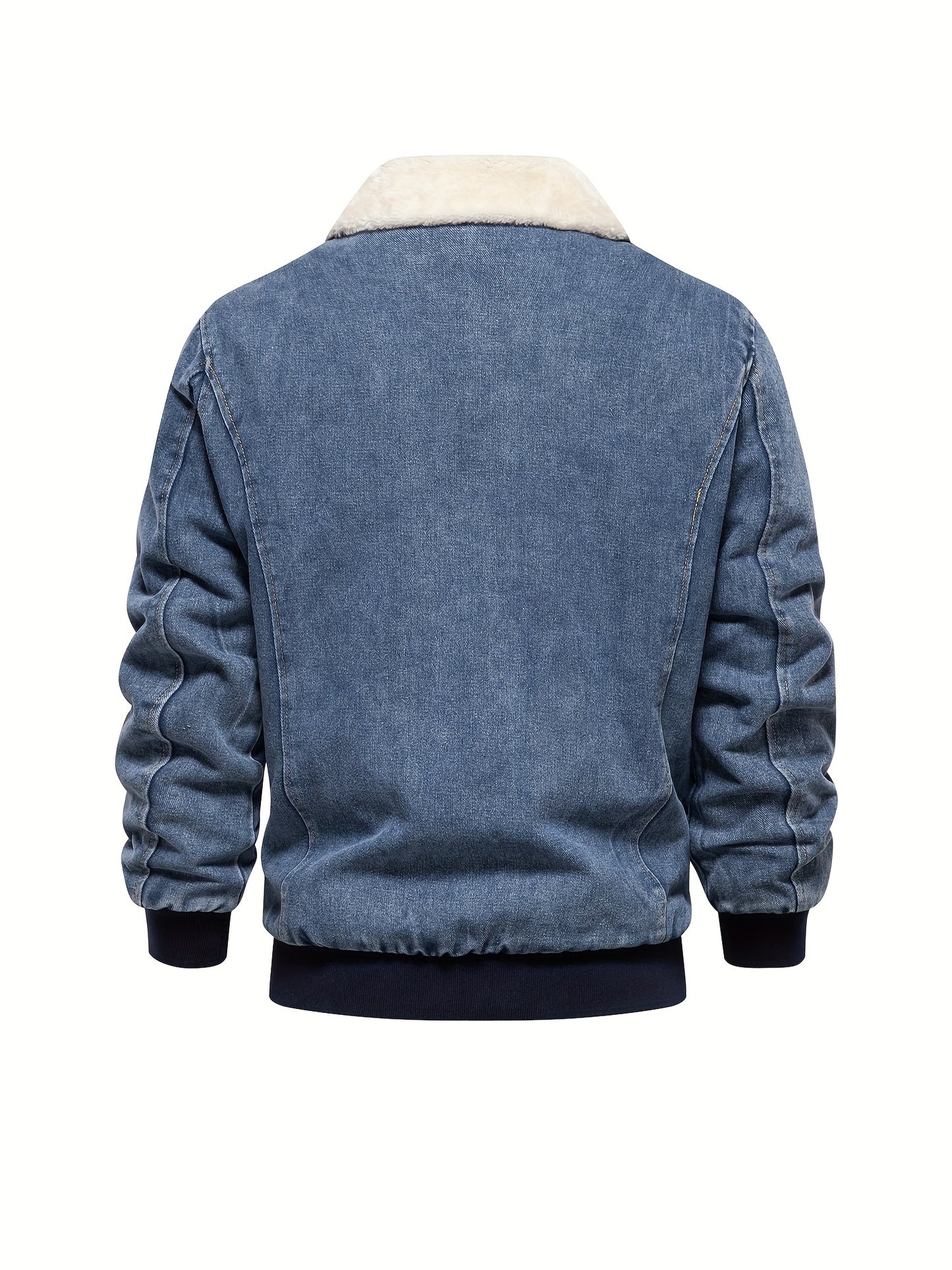 gbolsos Warm Fleece Denim Jacket, Men's Casual Flap Pocket Jacket Coat With Fur Collar For Fall Winter