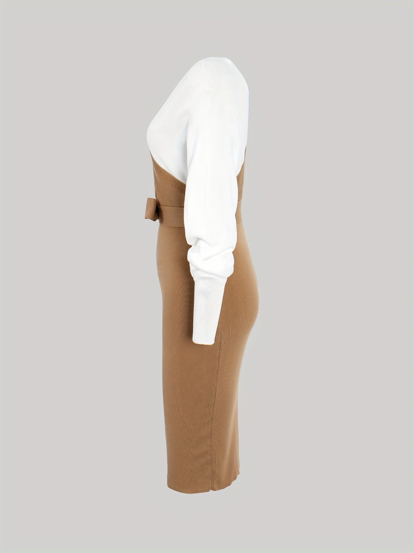 gbolsos Color Block Backless Dress, Casual V Neck Long Sleeve Bodycon Dress, Women's Clothing