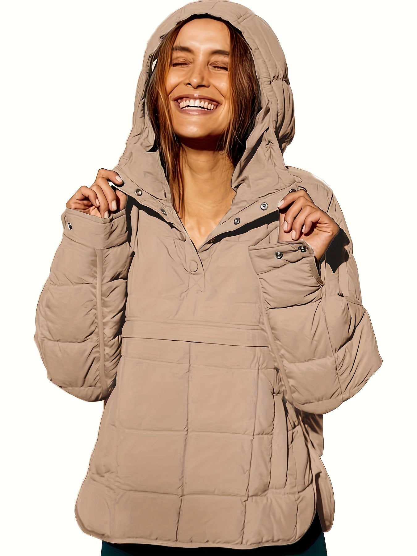 Plus Size Casual Winter Coat, Women's Plus Solid Quilted Button Up Long Sleeve Hooded Pullover Puffer Coat