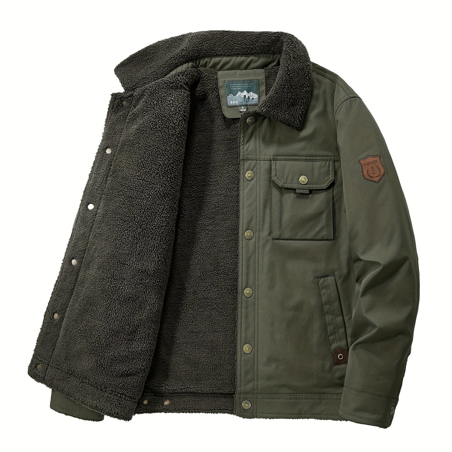 gbolsos Warm Fleece Windbreaker Jacket, Men's Casual Lapel Multi Pocket Cargo Jacket Coat For Fall Winter Outdoor Activities