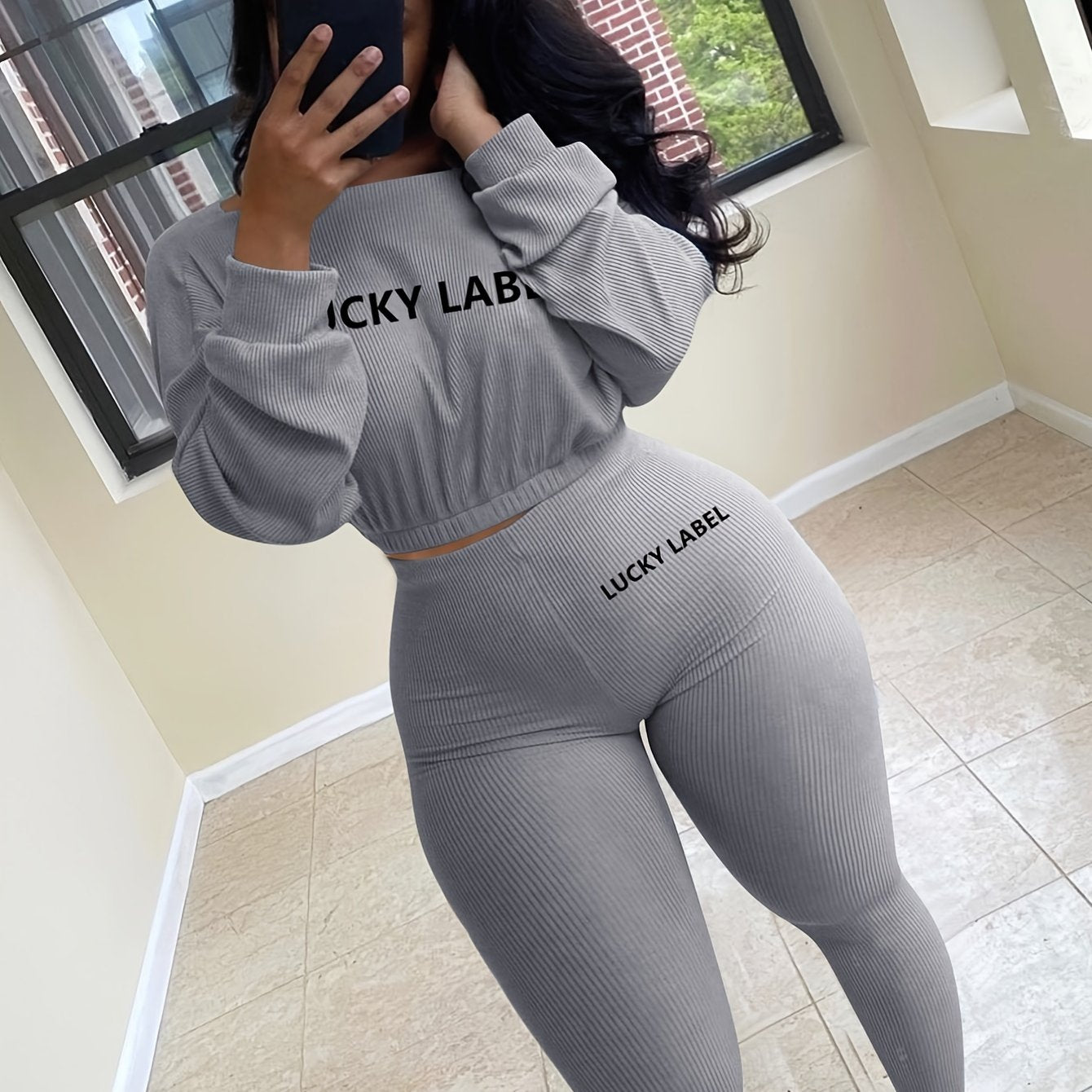 gbolsos Letter Print 2pc Set, Drop Shoulder Crew Neck Sweatshirt & Elastic Waist Jogging Pants Set, Women's Clothing