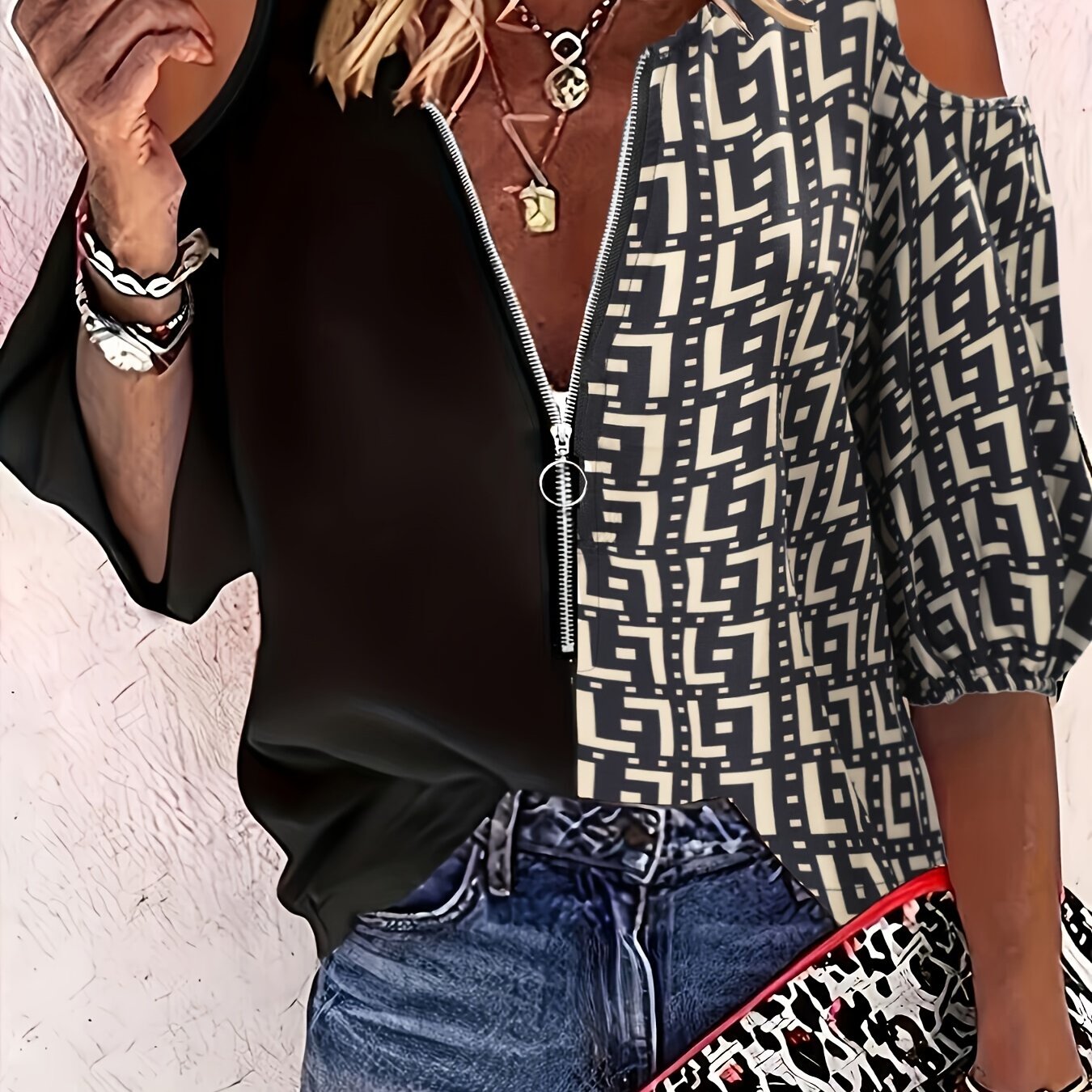 gbolsos Abstract Print Contrast Blouse, Casual Cold Shoulder Zipper Blouse, Women's Clothing