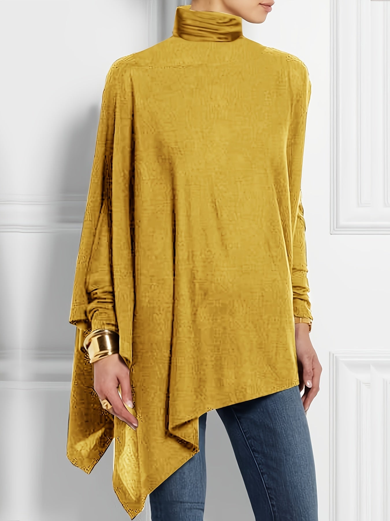 gbolsos Solid Turtleneck T-Shirt, Casual Long Sleeve Top For Spring & Fall, Women's Clothing