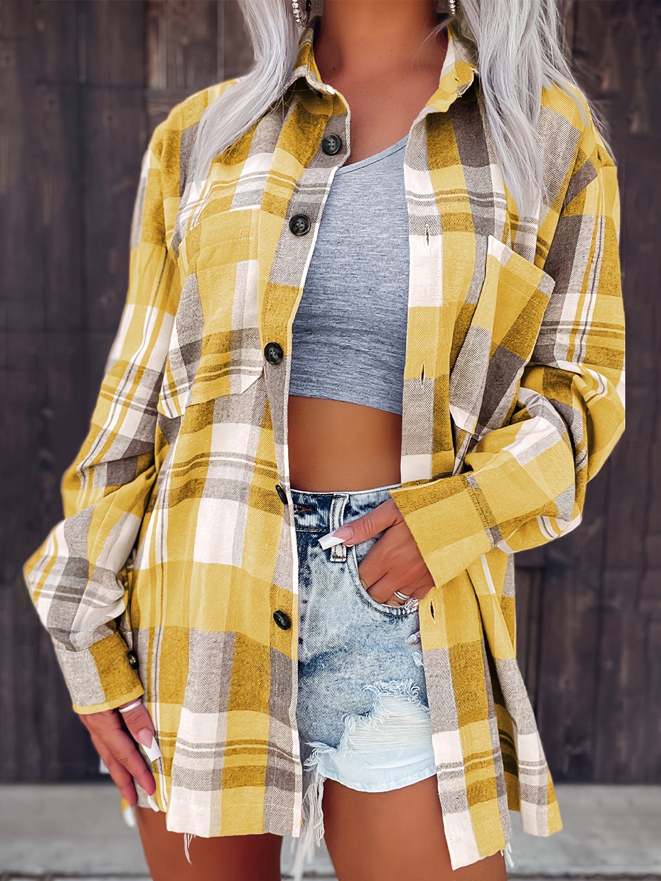 gbolsos Plaid Pattern Button Front Shirt, Vintage Long Sleeve Lapel Shirt, Women's Clothing