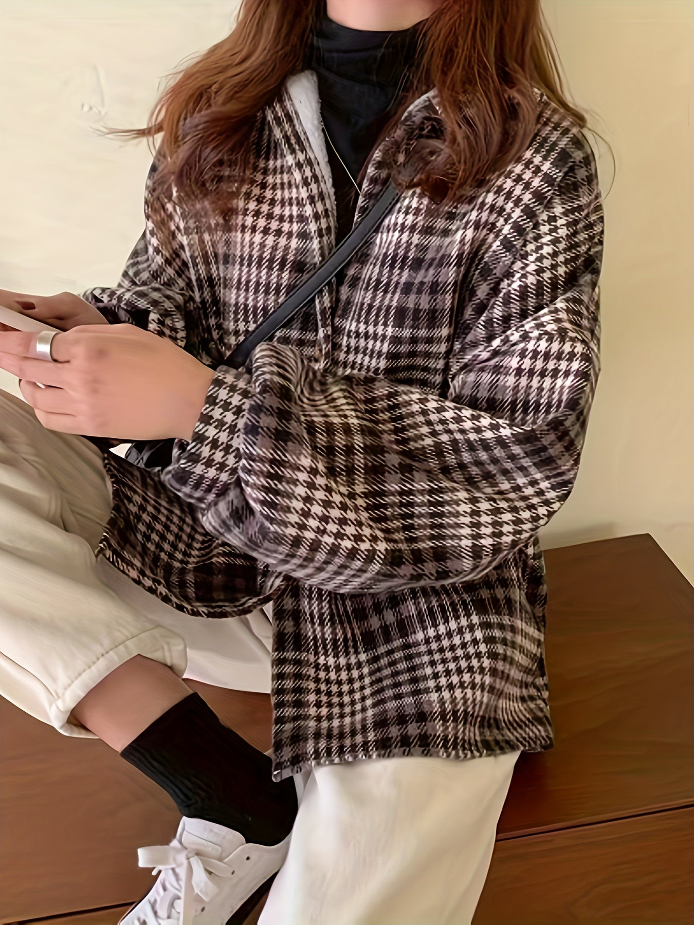 gbolsos Plaid Print Single Breasted Jacket, Versatile Long Sleeve Thermal Outwear, Women's Clothing