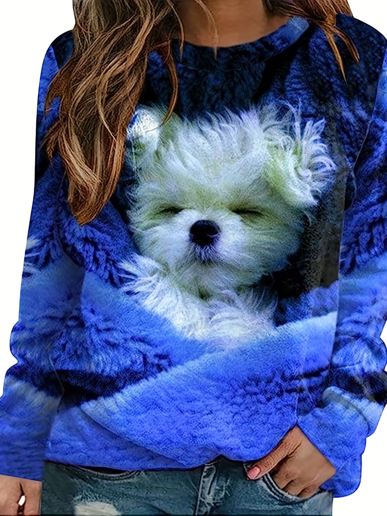 gbolsos Dog Print Pullover Sweatshirt, Casual Long Sleeve Crew Neck Sweatshirt For Fall & Winter, Women's Clothing