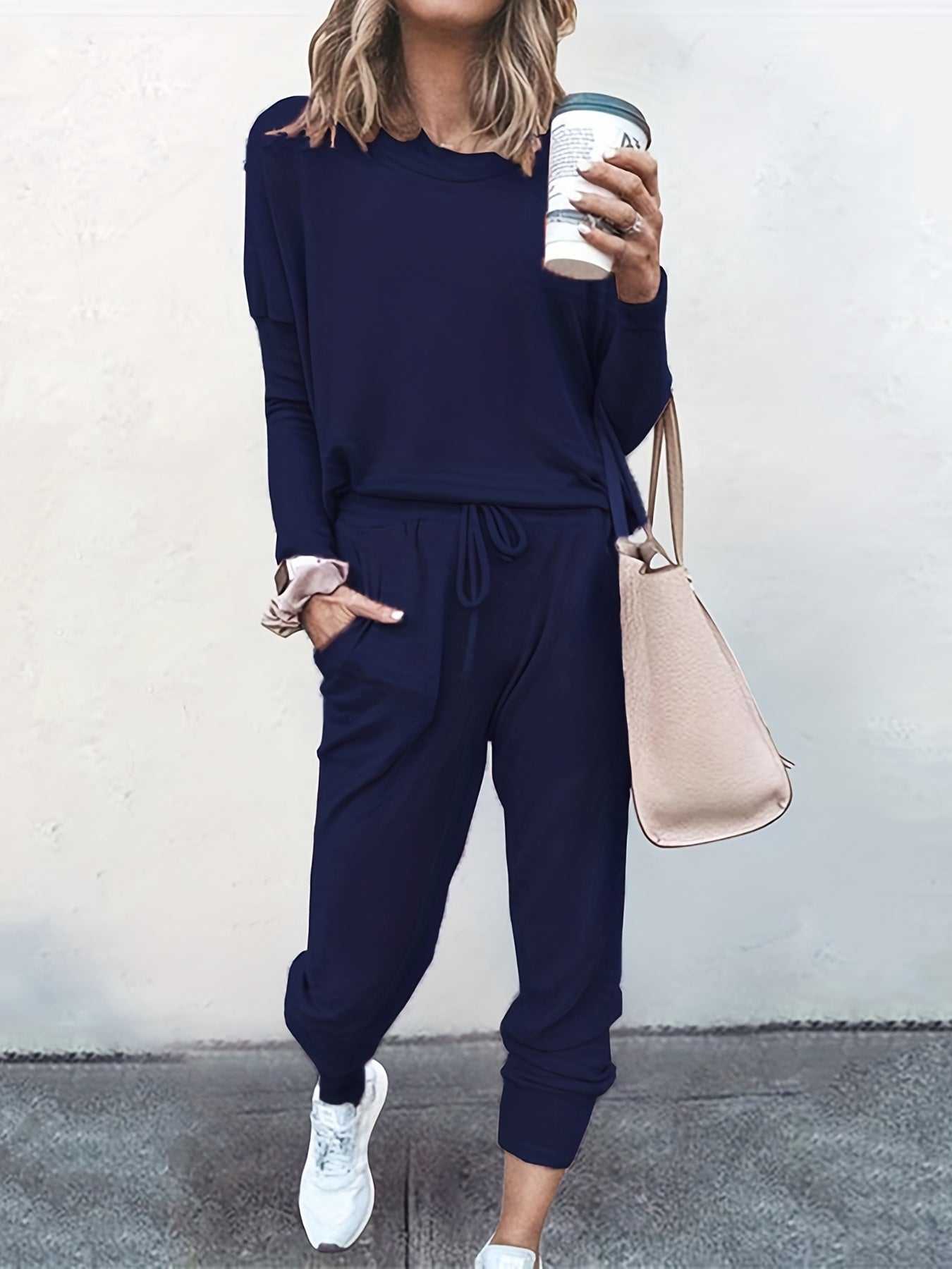 gbolsos Casual Solid Two-piece Set, Long Sleeve T-shirt & Drawstring Pants Outfits, Women's Clothing