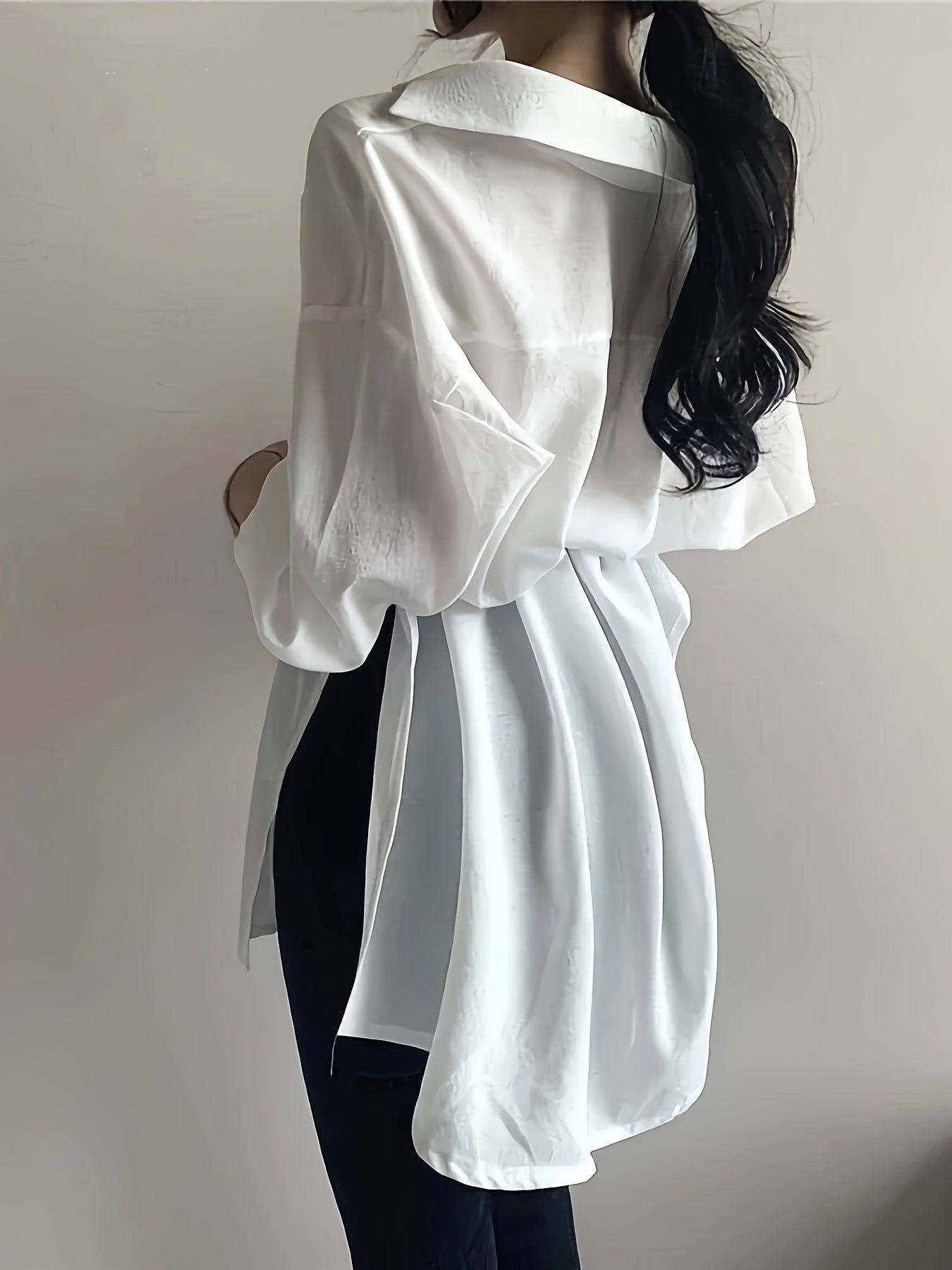 gbolsos Solid Tie Waist Asymmetrical Hem Blouse, Versatile Long Sleeve Button Front Blouse, Women's Clothing