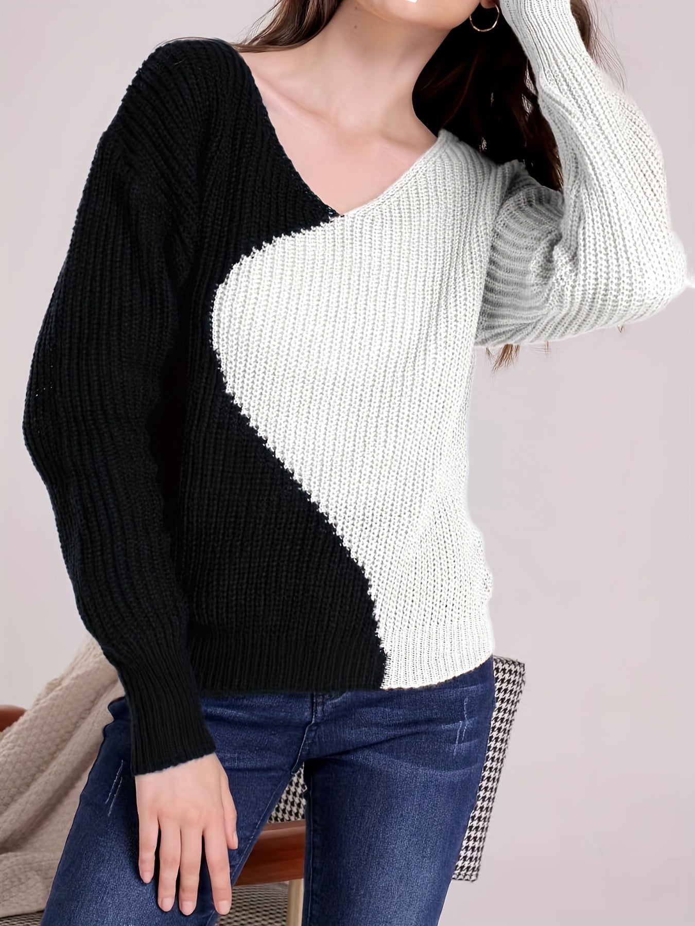 gbolsos Color Block Drop Shoulder Sweater, Casual V-neck Long Sleeve Sweater, Women's Clothing