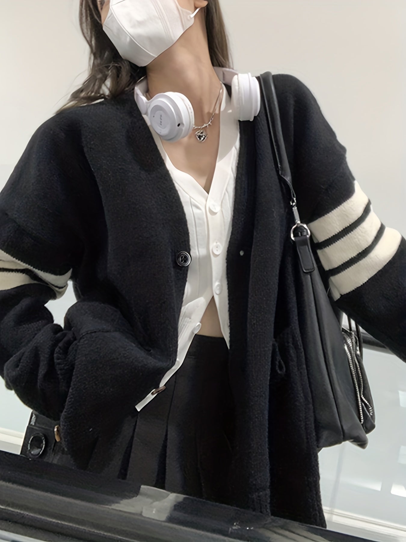 gbolsos Striped Print Button Front Knit Cardigan, Casual V Neck Long Sleeve Sweater For Pockets, Women's Clothing