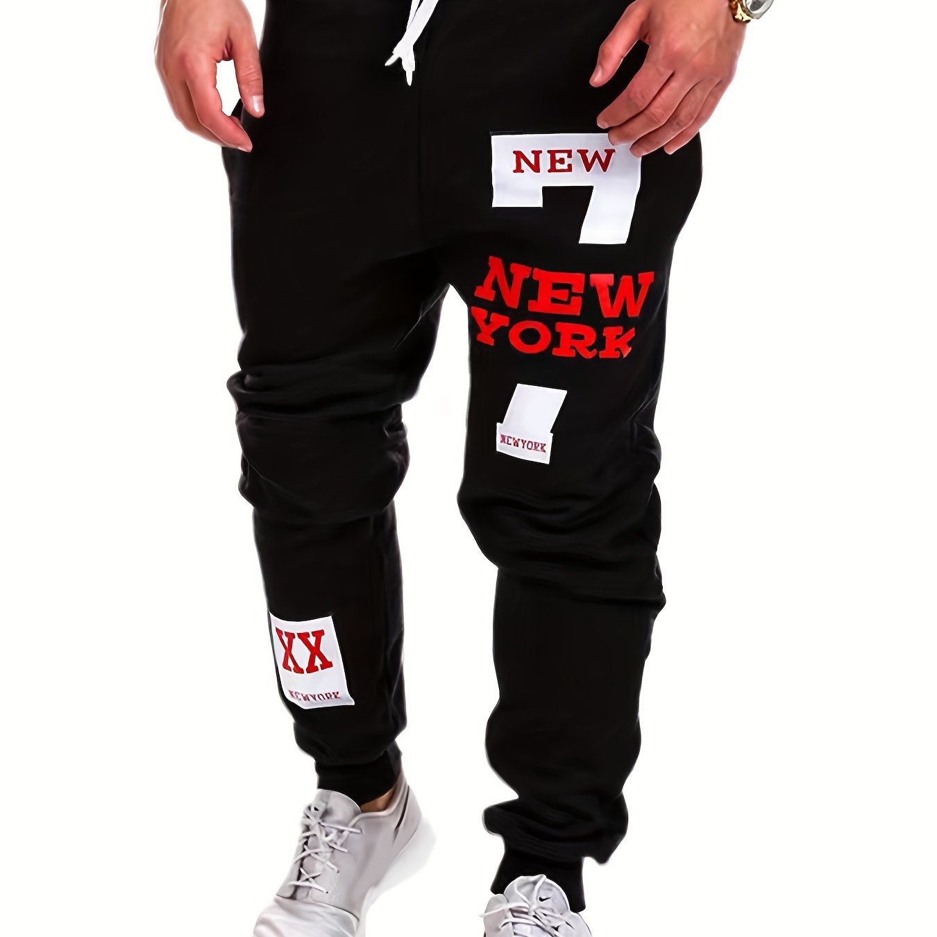 gbolsos "New York" Print Tapered Joggers, Men's Casual Stretch Waist Drawstring Sweatpants For All Seasons