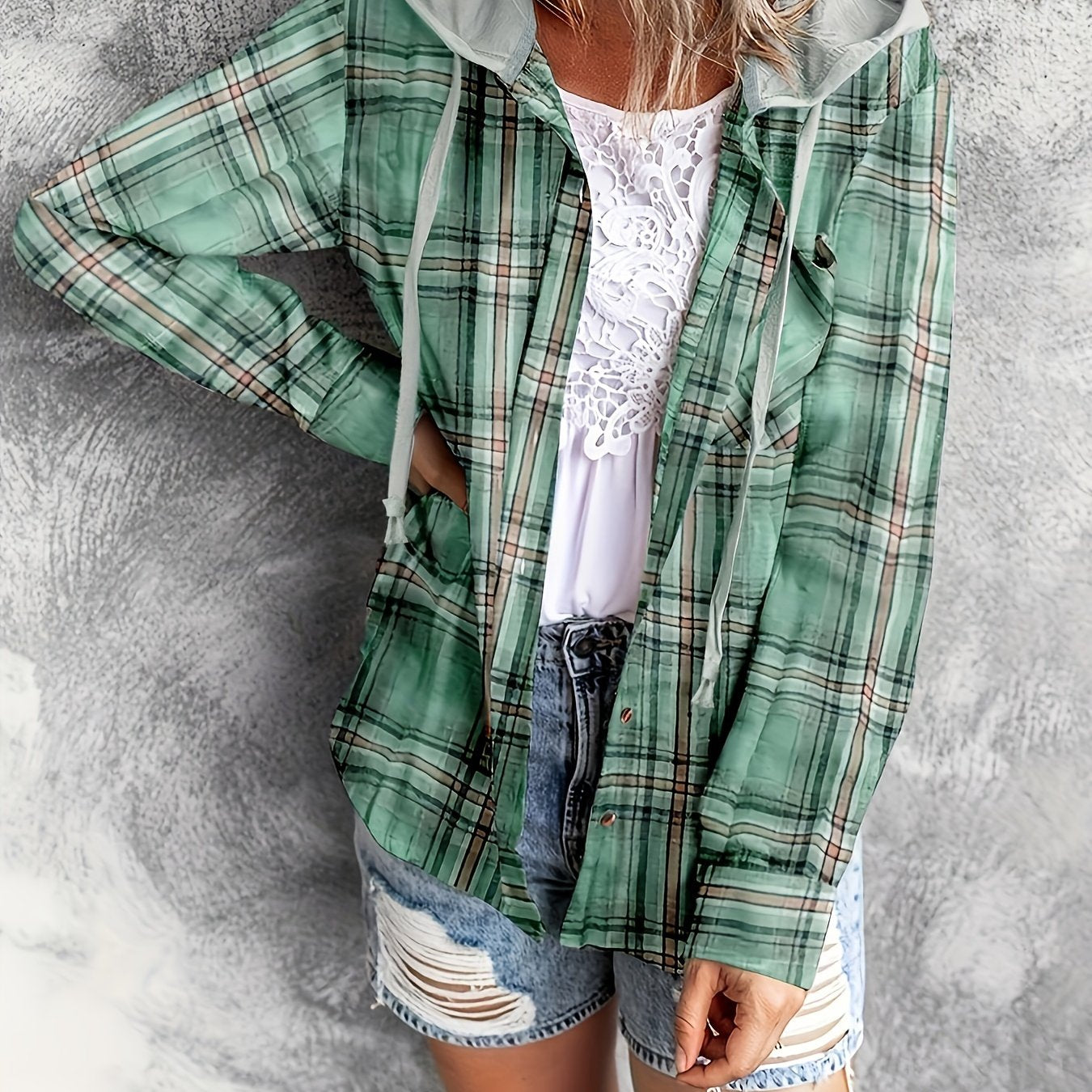 Plaid Print Hooded Shirt, Casual Long Sleeve Drawstring Shirt, Women's Clothing