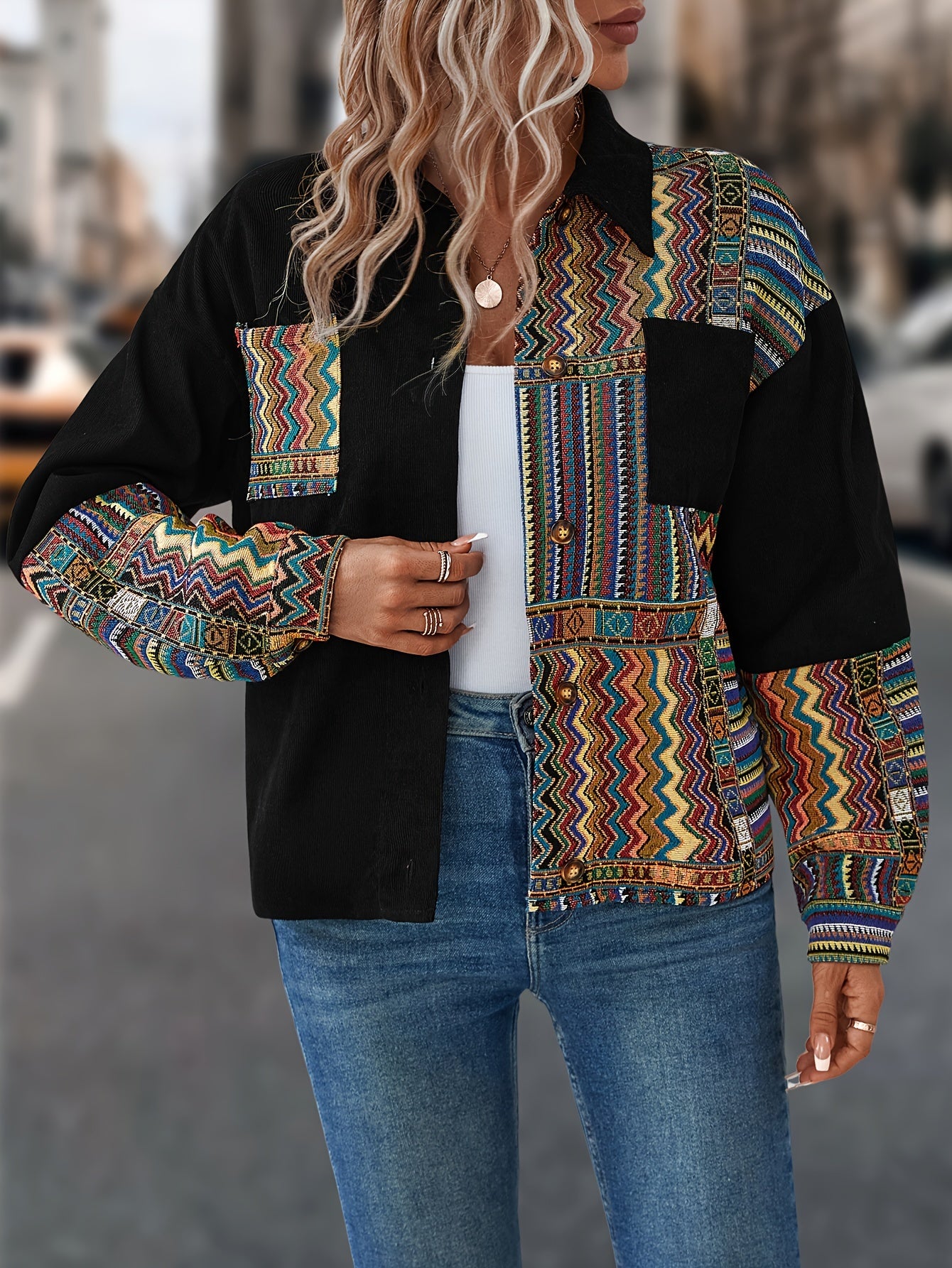 Patchwork Print Patched Pockets Jacket, Ethnic Color Block Single Button Jacket, Women's Clothing