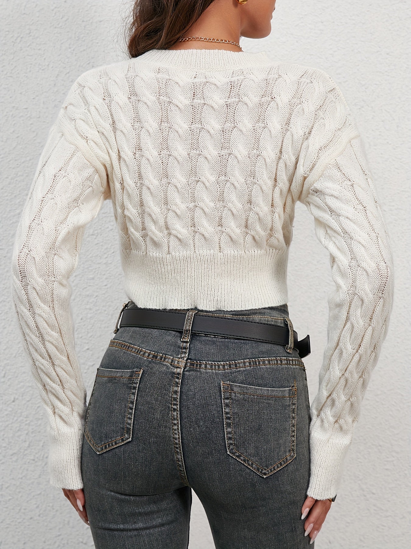gbolsos Cable Knit Crop Sweater, Long Sleeve Casual Sweater, Women's Clothing
