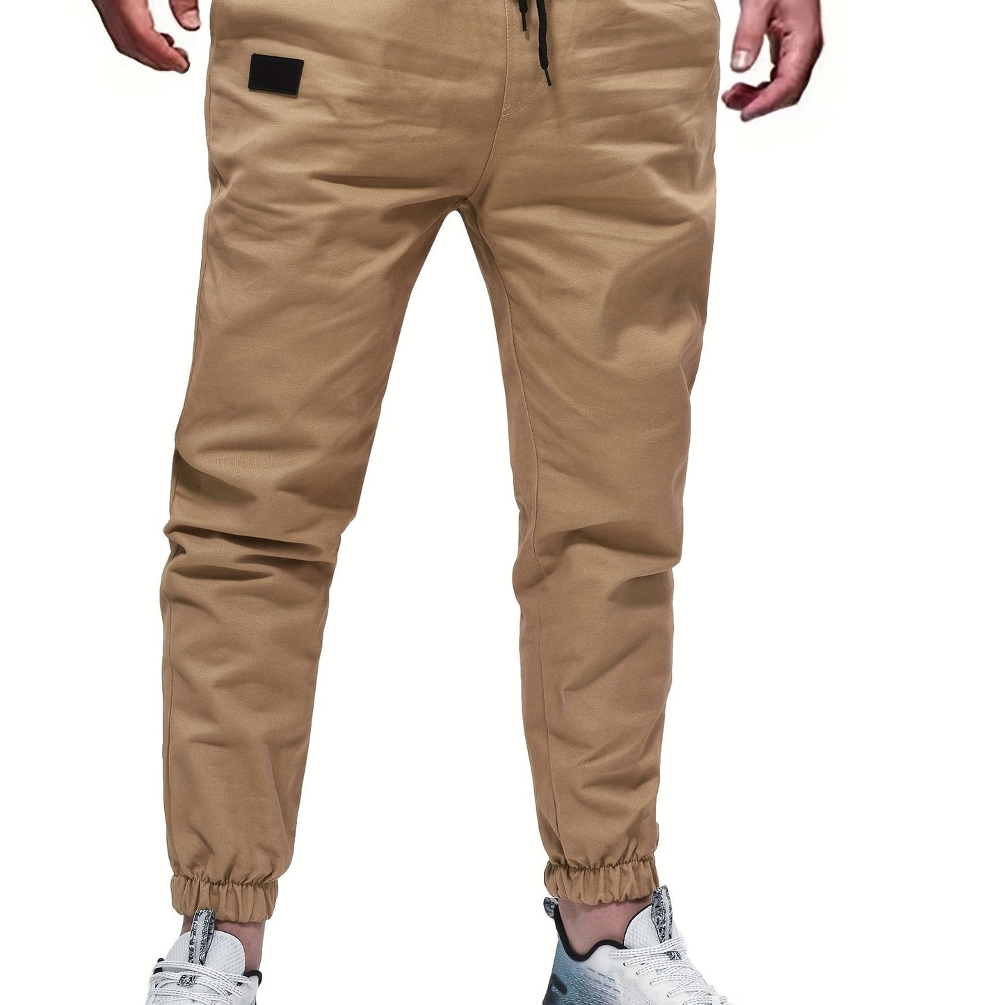 gbolsos Woven Cotton Blend Joggers, Men's Casual Solid Color Slightly Stretch Drawstring Pants For Spring Summer